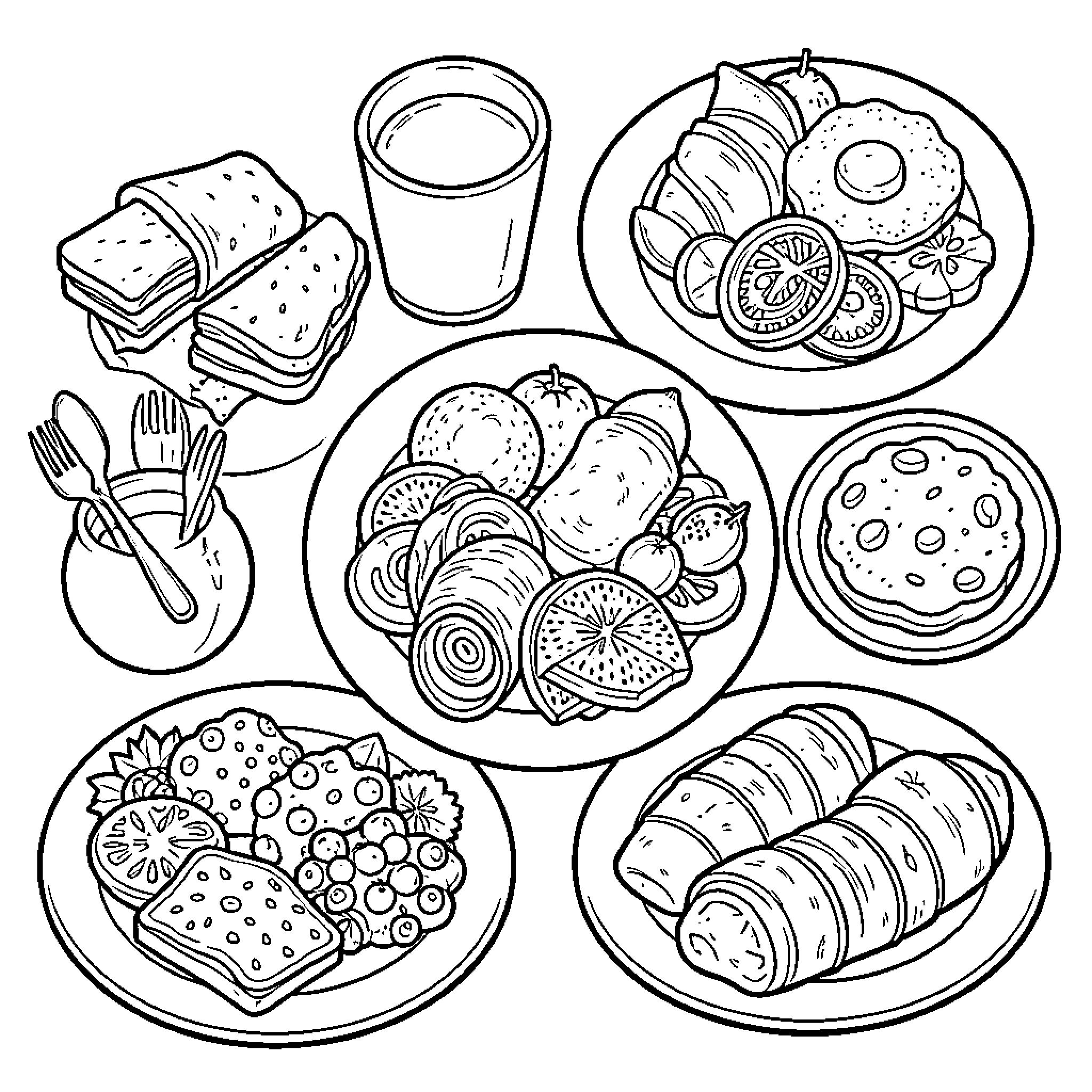 Breakfast spread with various foods and drinks on plates Coloring Page (free black-and-white line drawing printable PDF for all, from beginners to advanced learners, including children, teens, adults, and seniors)