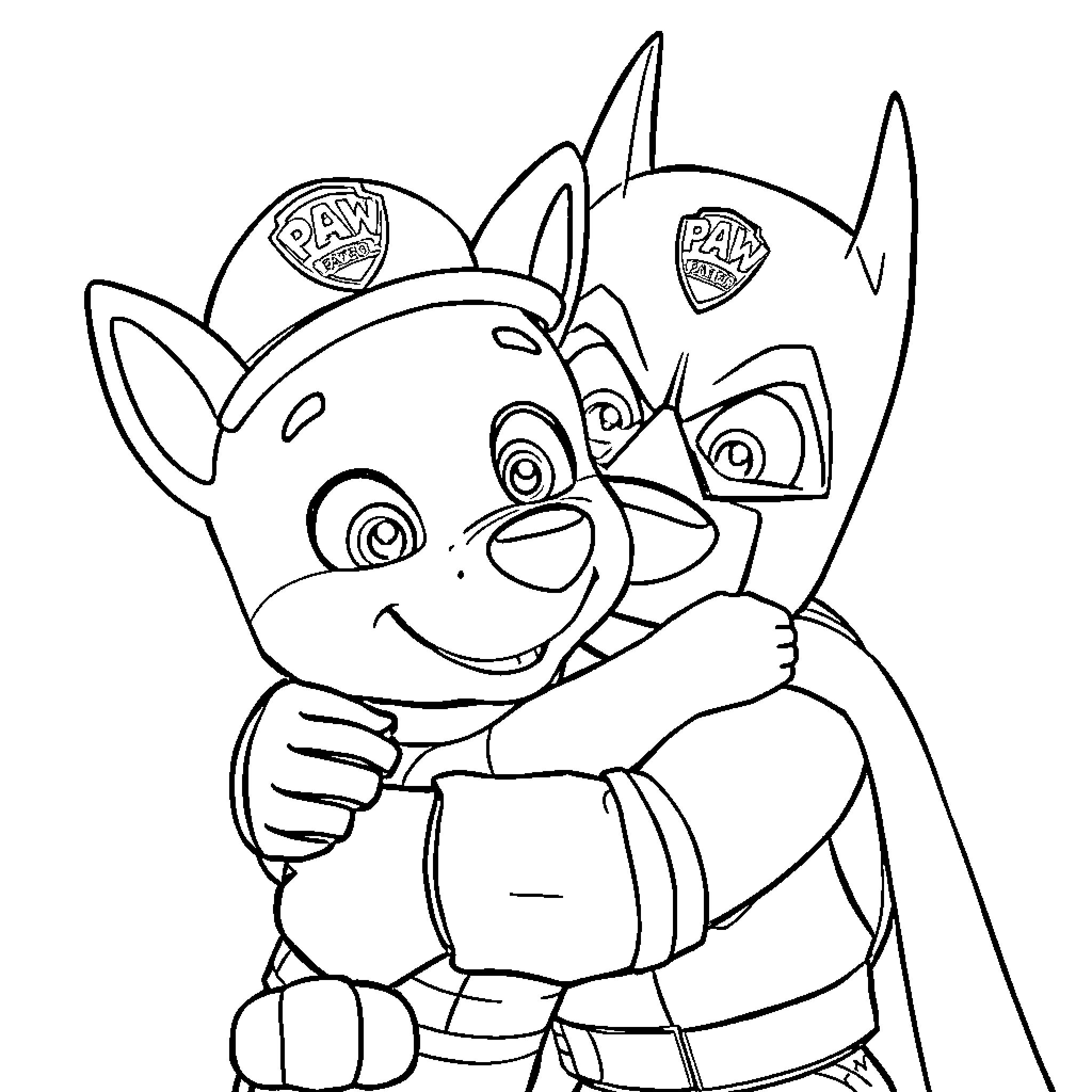 Batman and his Paw Patrol friends on a mission Coloring Page (free black-and-white line drawing printable PDF for all, from beginners to advanced learners, including children, teens, adults, and seniors)