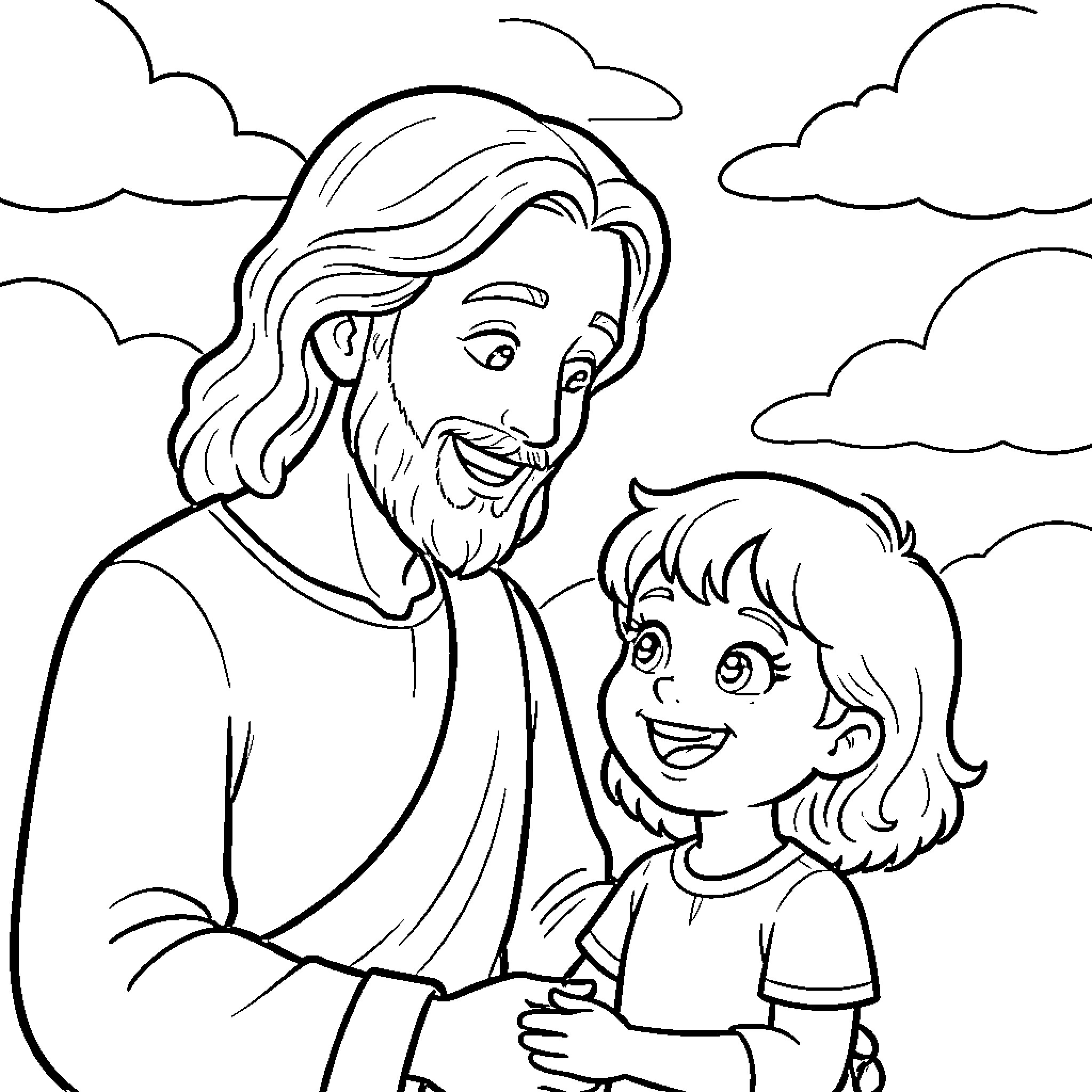 Jesucristo embracing a child joyfully Coloring Page (free black-and-white line drawing printable PDF for all, from beginners to advanced learners, including children, teens, adults, and seniors)