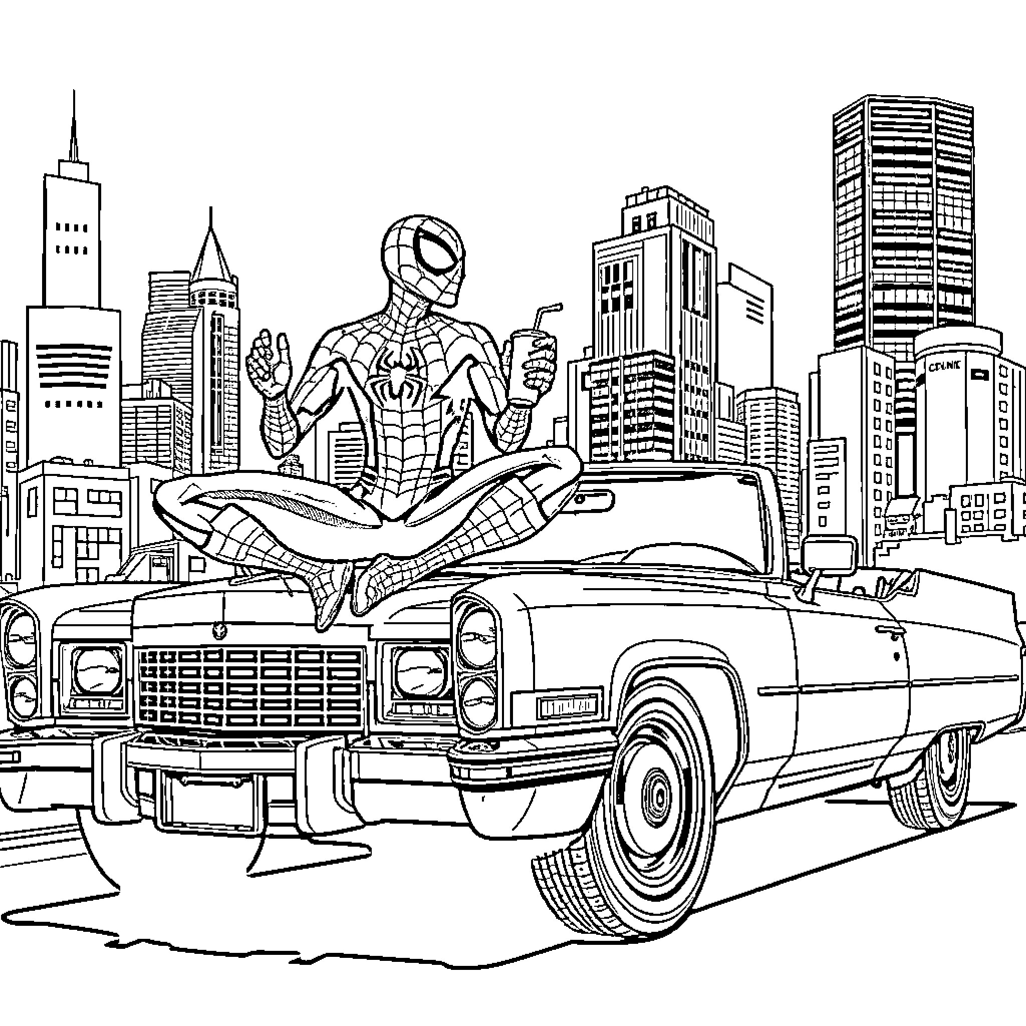 Spider-Man Meditating on a Vintage Automobile in the City Coloring Page (free black-and-white line drawing printable PDF for all, from beginners to advanced learners, including children, teens, adults, and seniors)