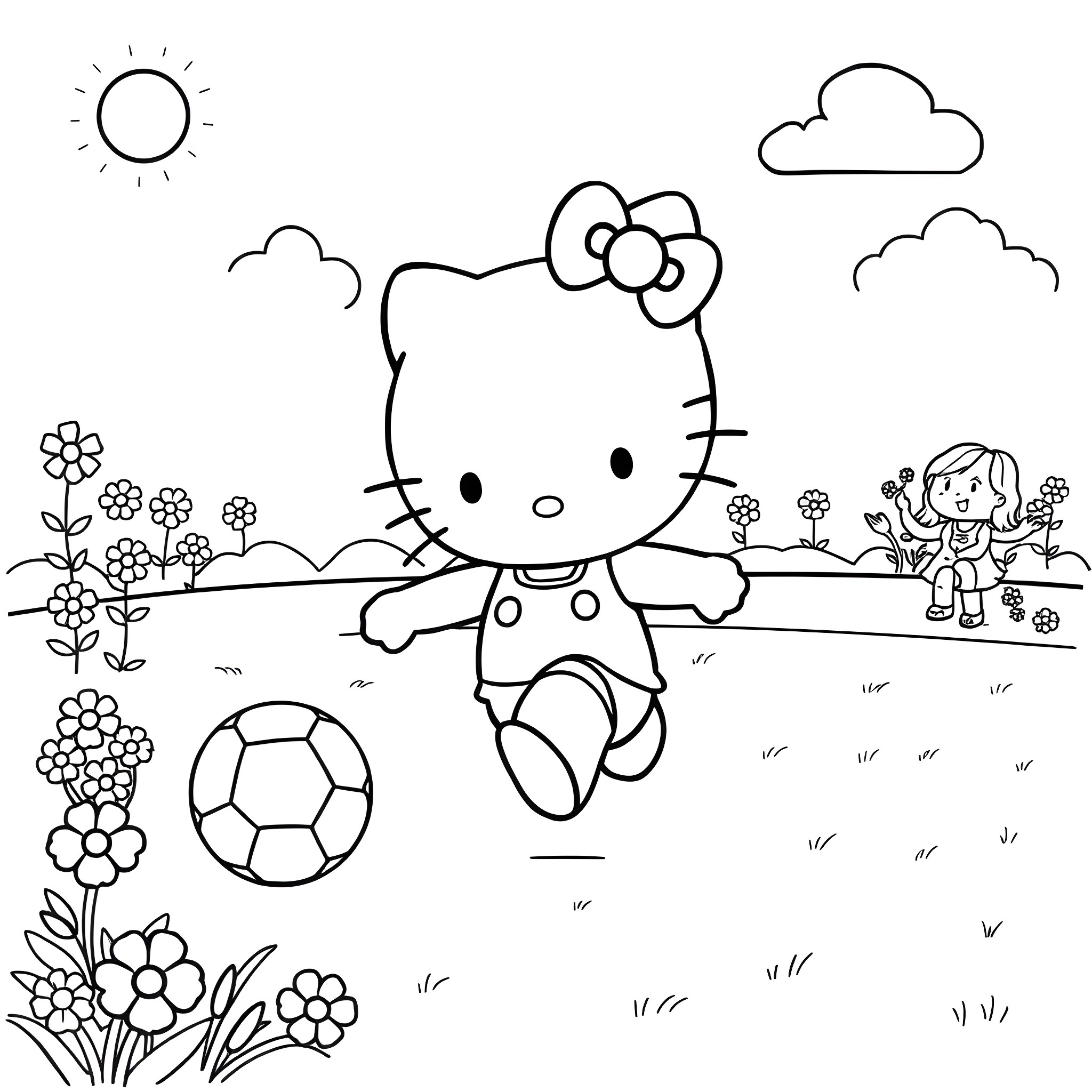 Hello Kitty playing happily in the park Coloring Page (free black-and-white line drawing printable PDF for all, from beginners to advanced learners, including children, teens, adults, and seniors)