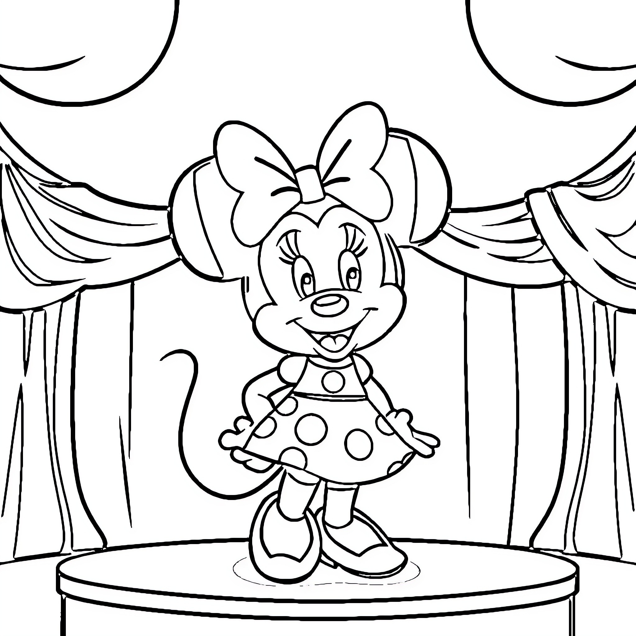 Minnie Mouse performing on stage Coloring Page (free black-and-white line drawing printable PDF for all, from beginners to advanced learners, including children, teens, adults, and seniors)