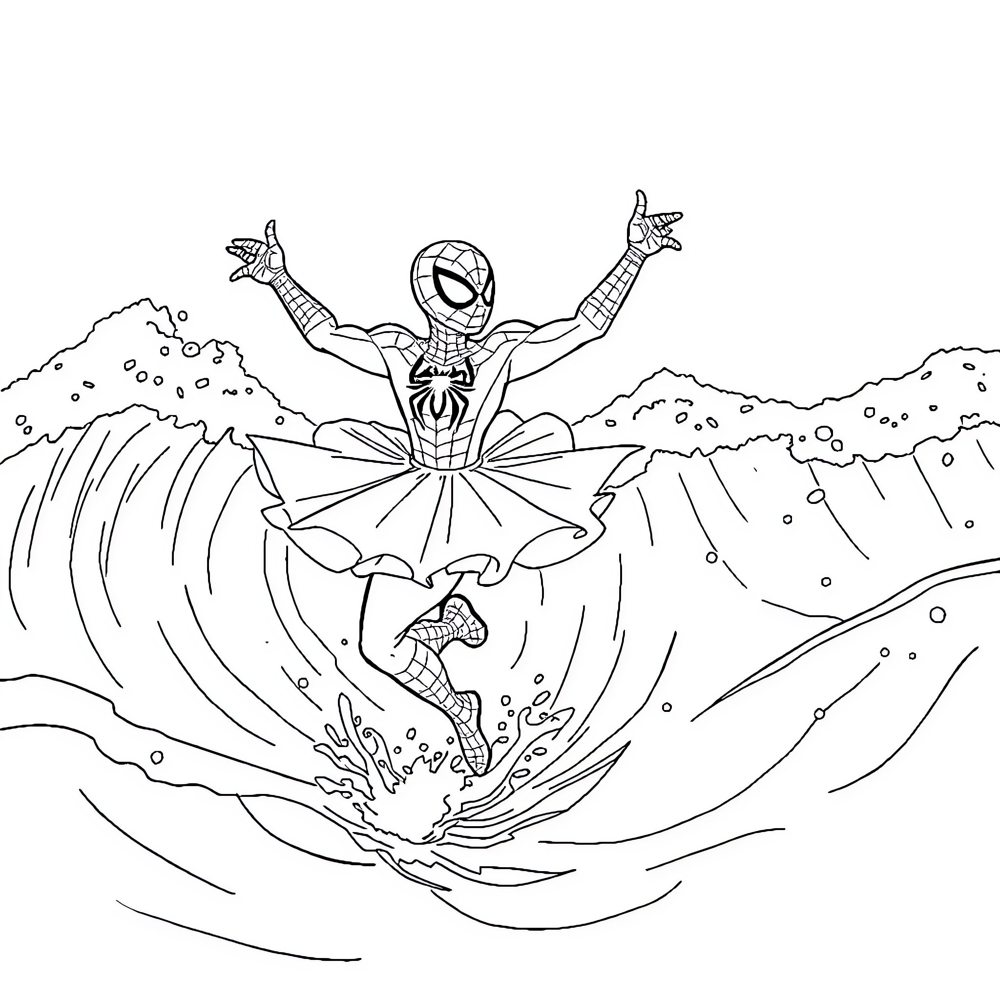 Spiderman triumphantly leaping through the air Coloring Page (free black-and-white line drawing printable PDF for all, from beginners to advanced learners, including children, teens, adults, and seniors)