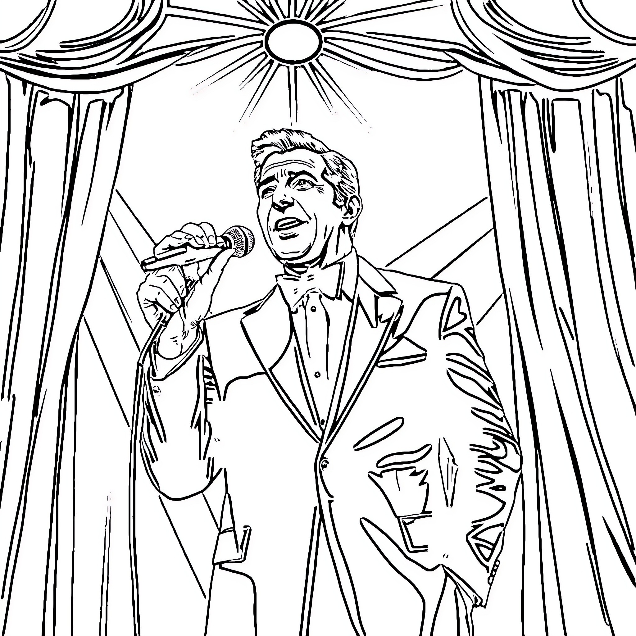 Dean Martin performing on stage with microphone Coloring Page (free black-and-white line drawing printable PDF for all, from beginners to advanced learners, including children, teens, adults, and seniors)