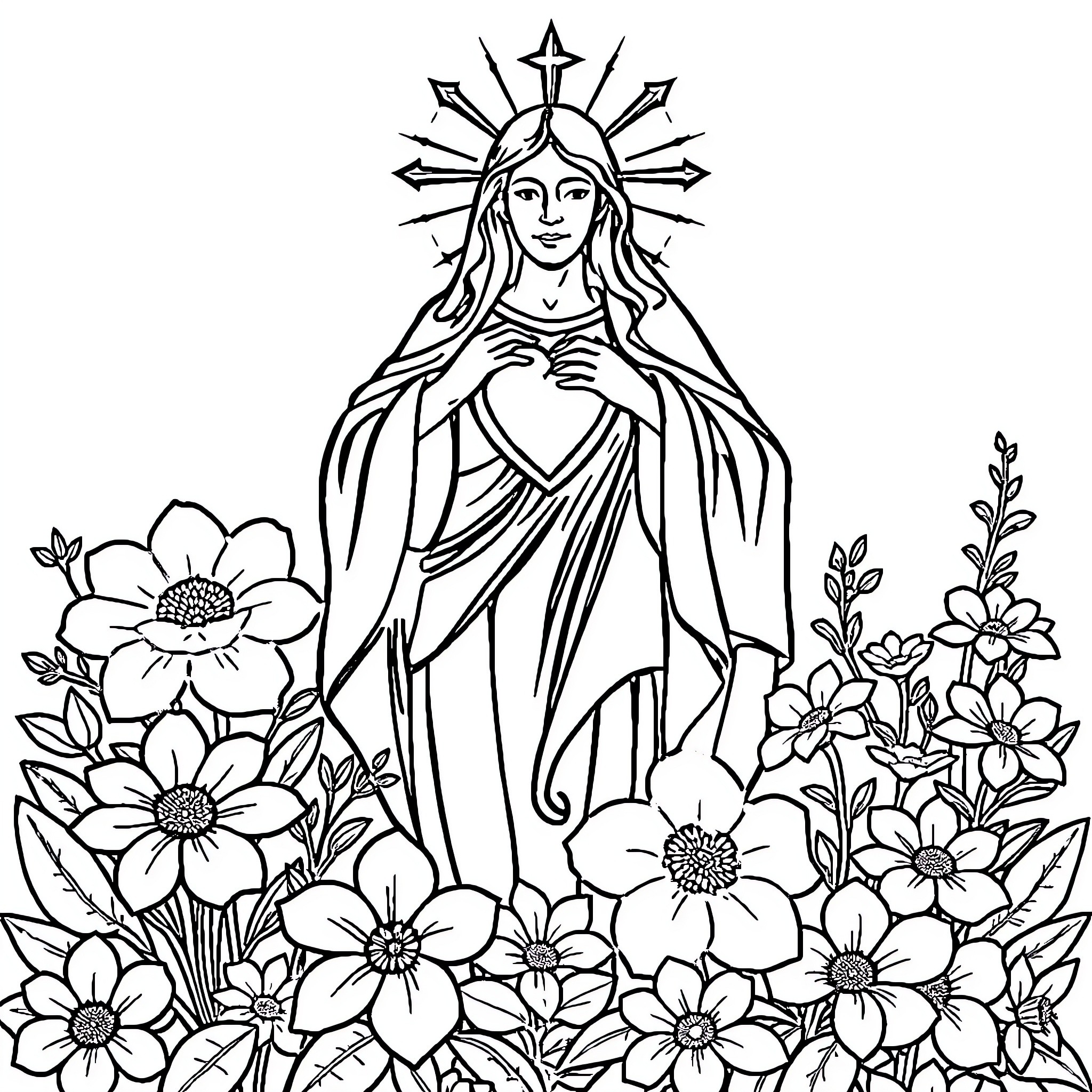 Sacred Heart of Mary surrounded by flowers Coloring Page (free black-and-white line drawing printable PDF for all, from beginners to advanced learners, including children, teens, adults, and seniors)
