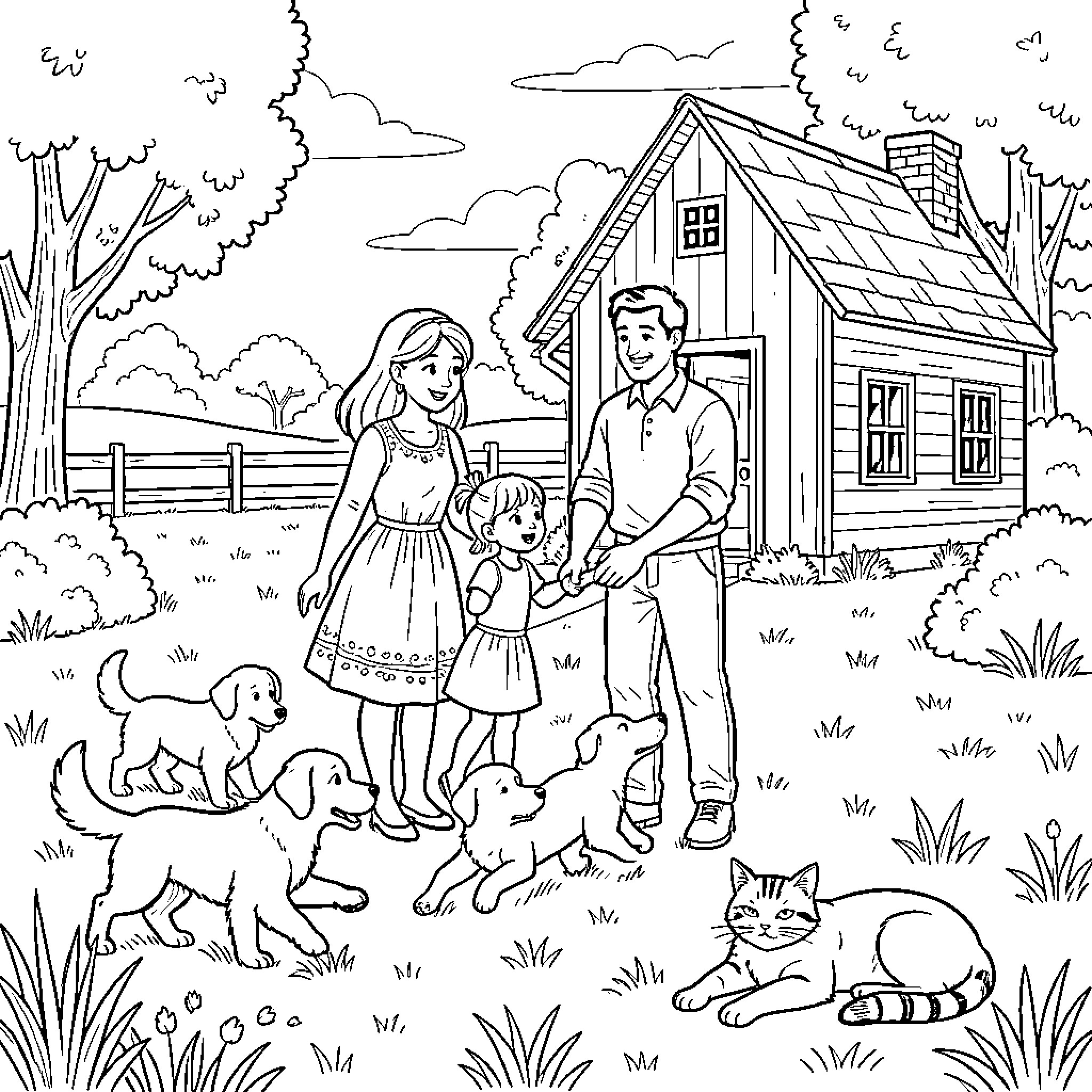 Family playing with pets in a yard Coloring Page (free black-and-white line drawing printable PDF for all, from beginners to advanced learners, including children, teens, adults, and seniors)