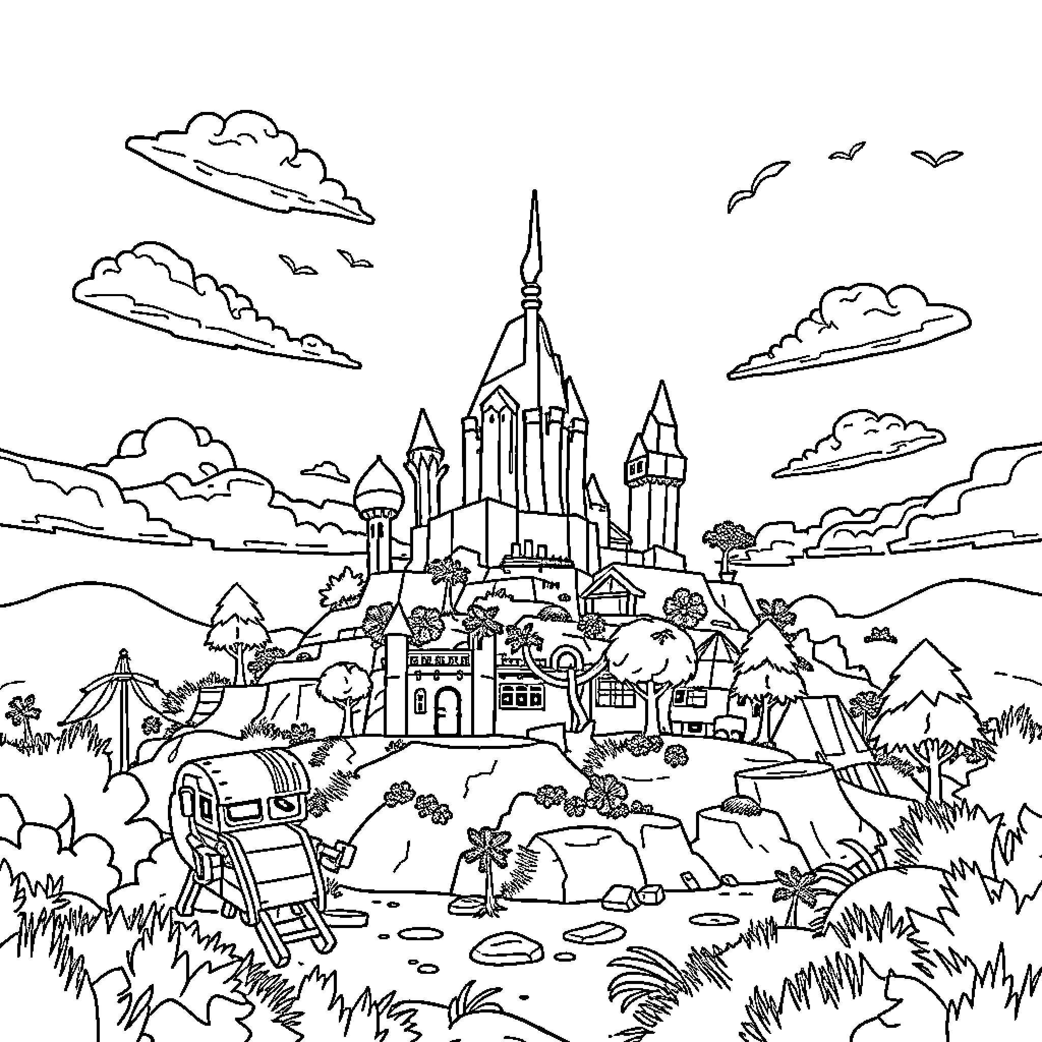 Fortnite Fantastical Castle Adventure Coloring Page (free black-and-white line drawing printable PDF for all, from beginners to advanced learners, including children, teens, adults, and seniors)