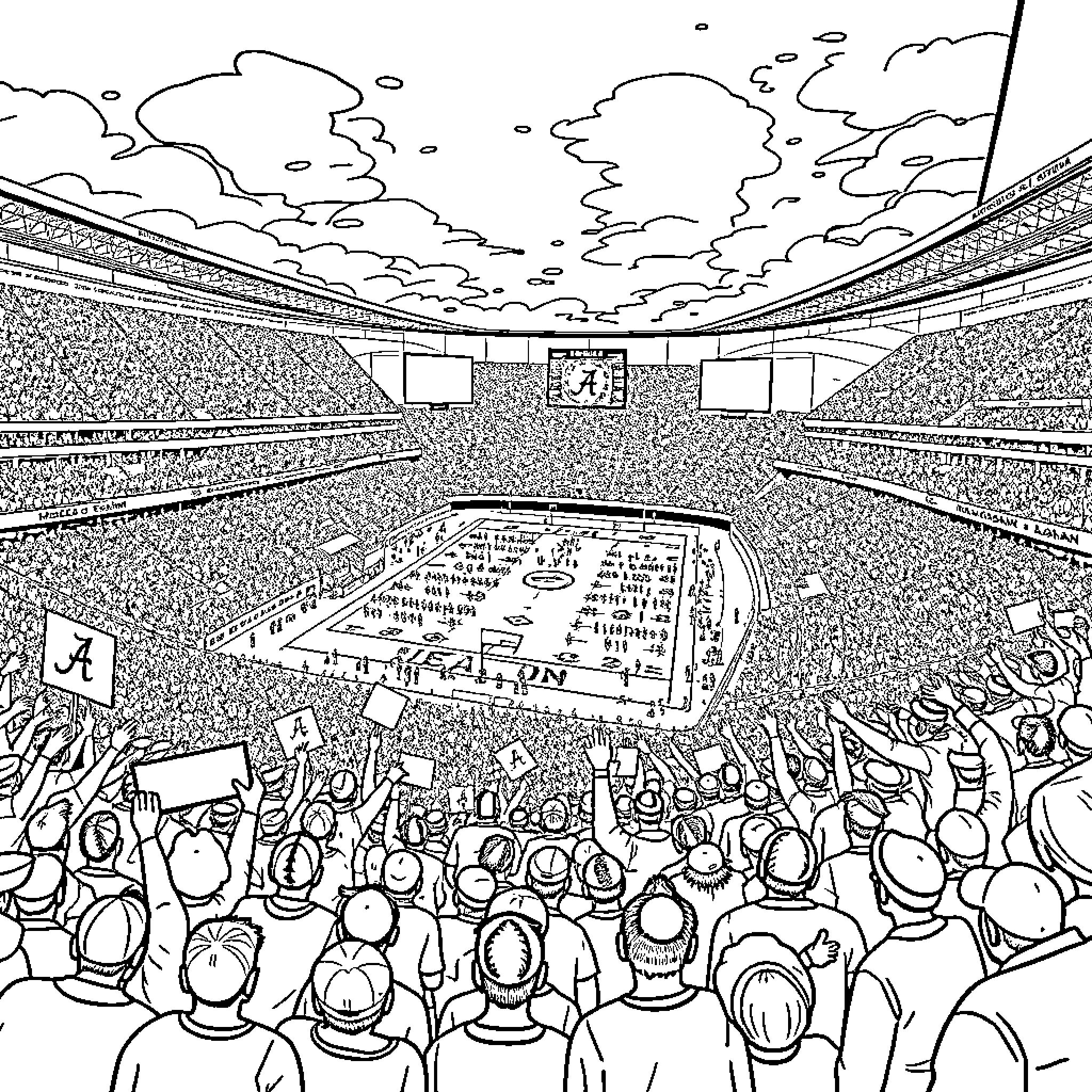 Stadium filled with energetic crowd at sporting event Coloring Page (free black-and-white line drawing printable PDF for all, from beginners to advanced learners, including children, teens, adults, and seniors)