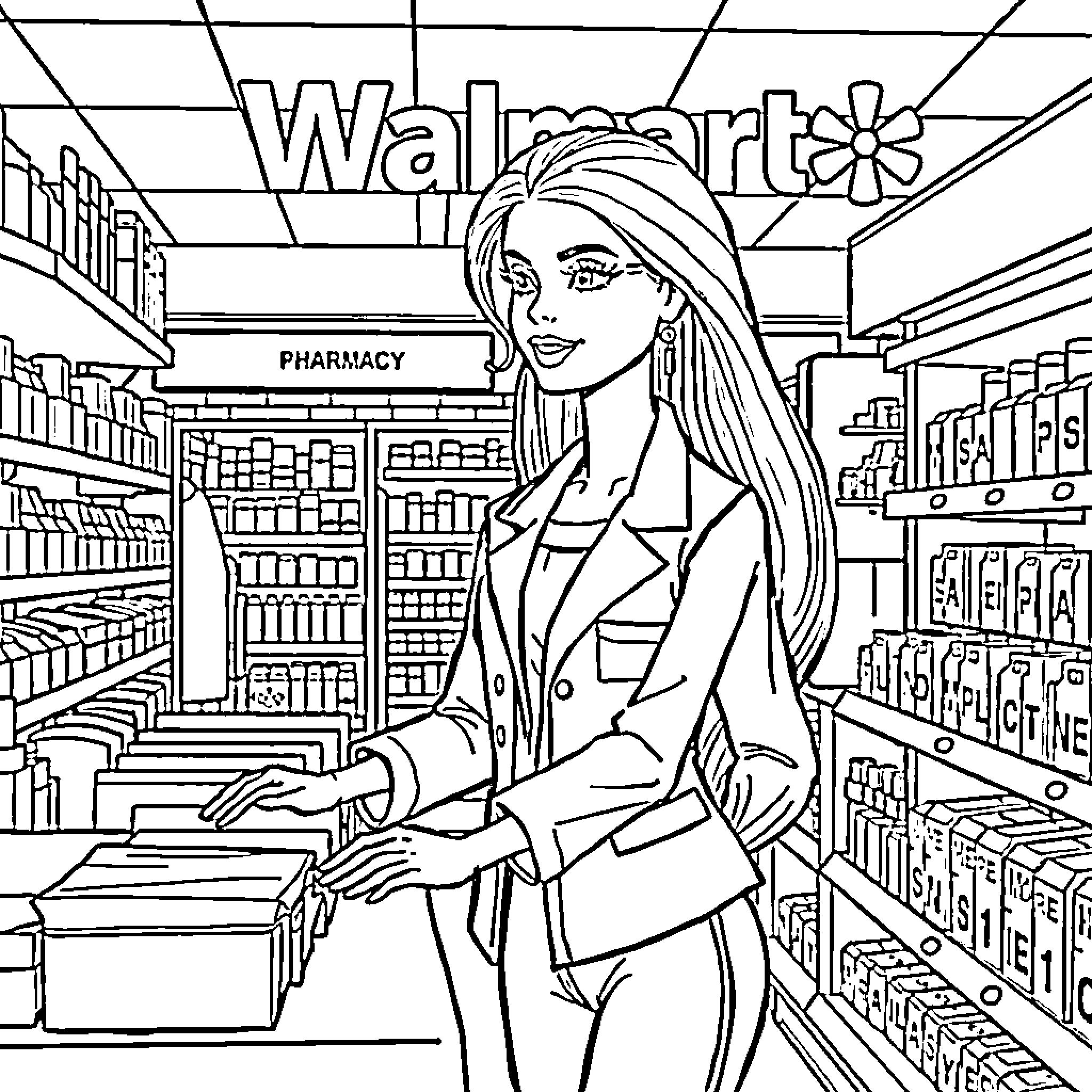Barbie Shopping at the Supermarket Coloring Page (free black-and-white line drawing printable PDF for all, from beginners to advanced learners, including children, teens, adults, and seniors)