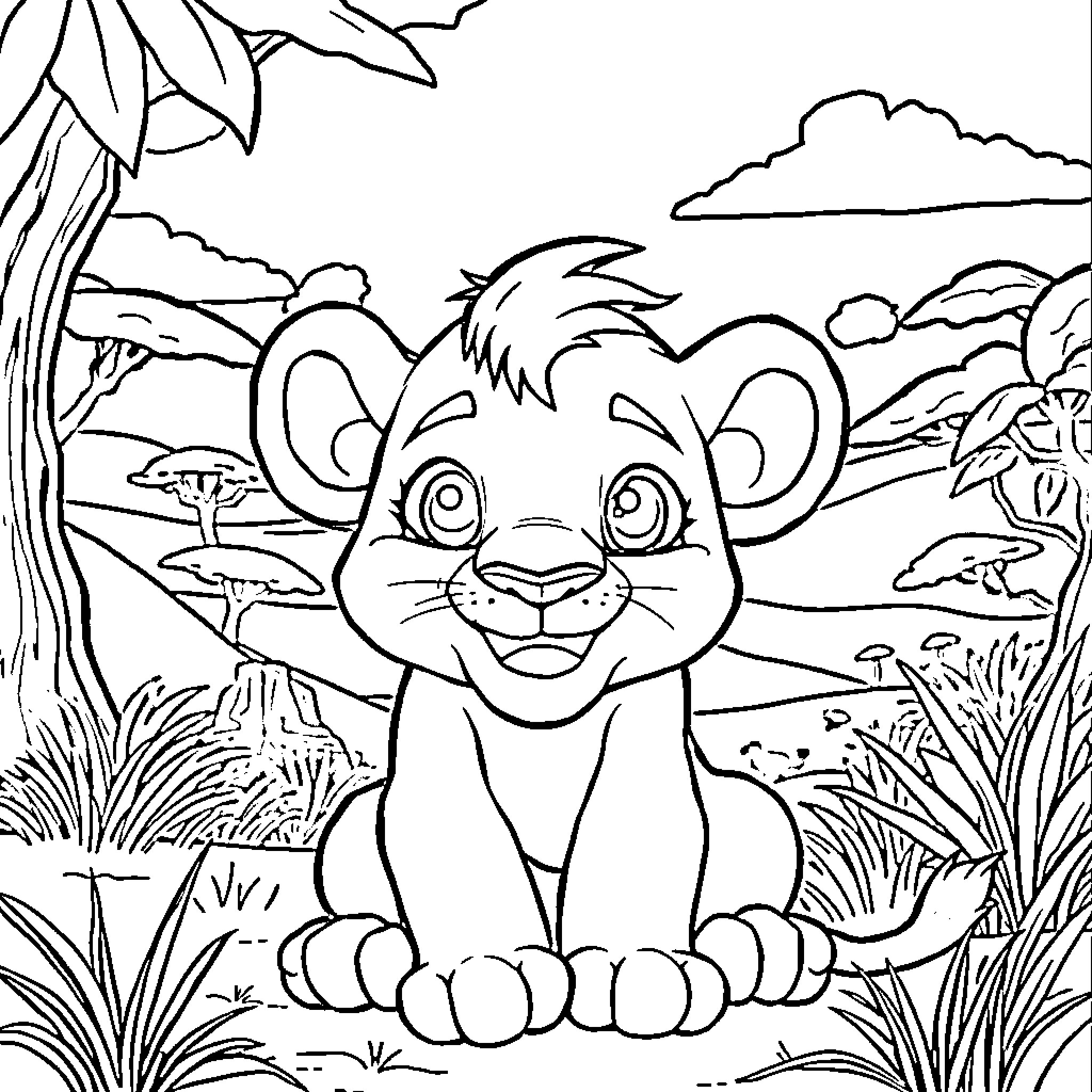 Lion Cub Exploring the Jungle Landscape Coloring Page (free black-and-white line drawing printable PDF for all, from beginners to advanced learners, including children, teens, adults, and seniors)