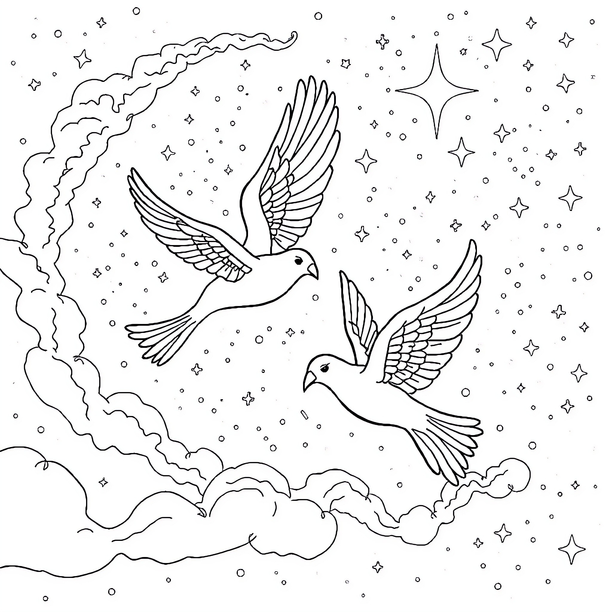 Birds soaring through the starry night sky Coloring Page (free black-and-white line drawing printable PDF for all, from beginners to advanced learners, including children, teens, adults, and seniors)