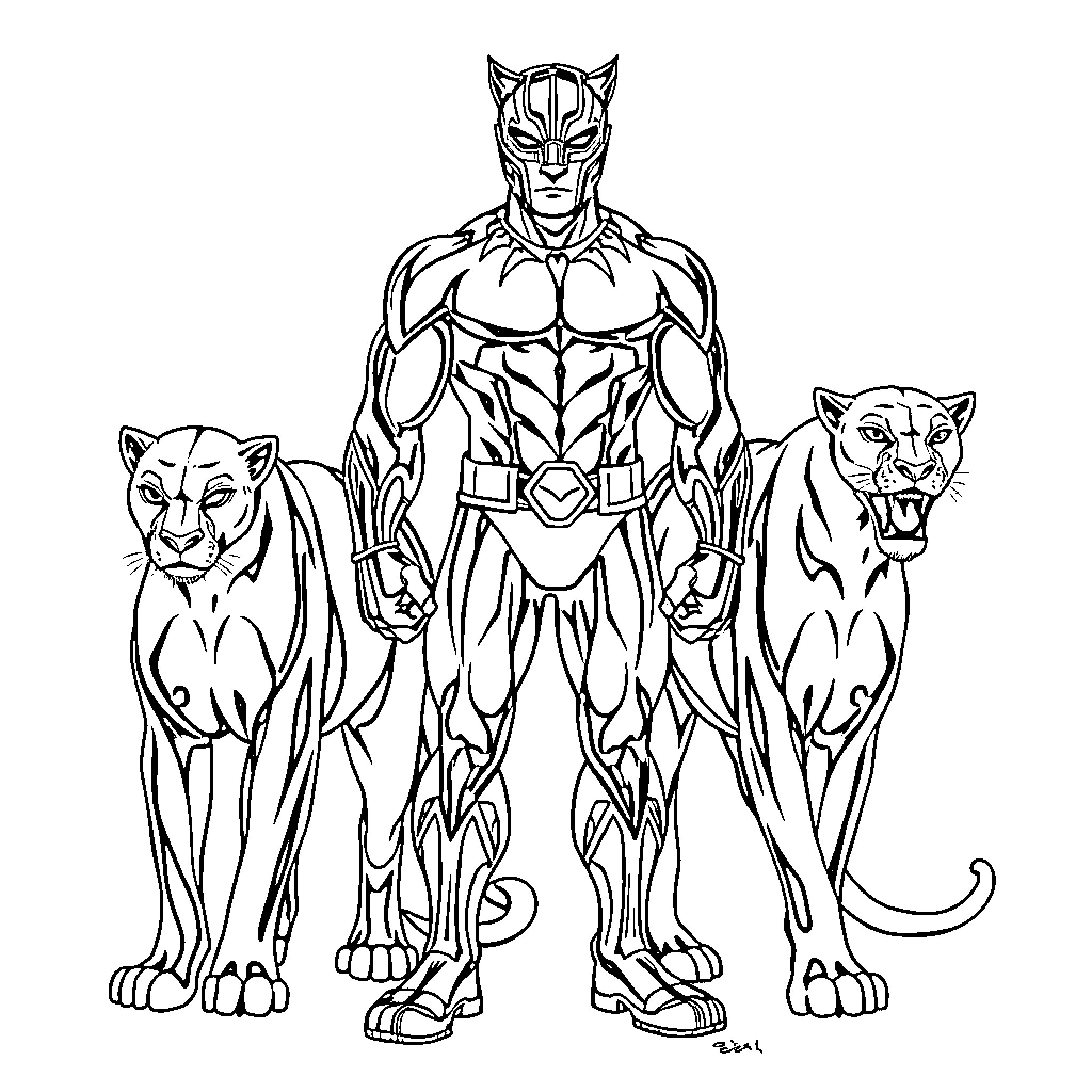 Panther-themed hero with powerful felines Coloring Page (free black-and-white line drawing printable PDF for all, from beginners to advanced learners, including children, teens, adults, and seniors)