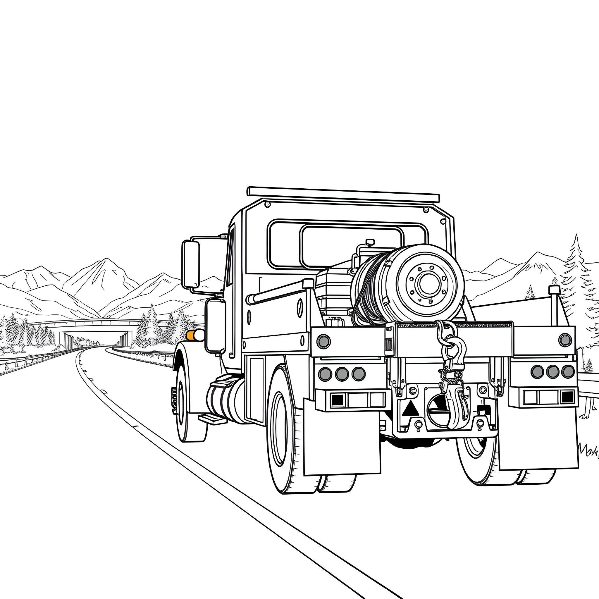 Tow Truck Assisting Broken Down Vehicle on Road Coloring Page (free black-and-white line drawing printable PDF for all, from beginners to advanced learners, including children, teens, adults, and seniors)