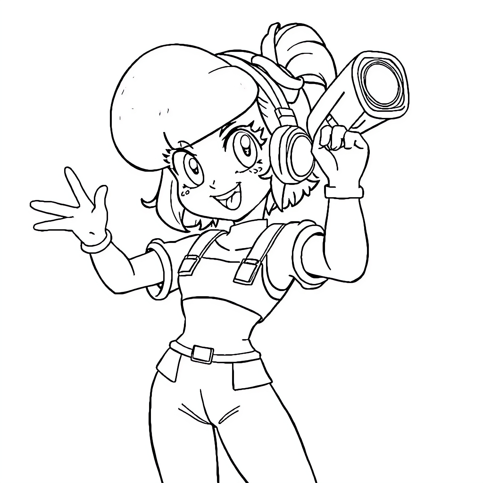 Bulma exploring with her gadgets and equipment Coloring Page (free black-and-white line drawing printable PDF for all, from beginners to advanced learners, including children, teens, adults, and seniors)
