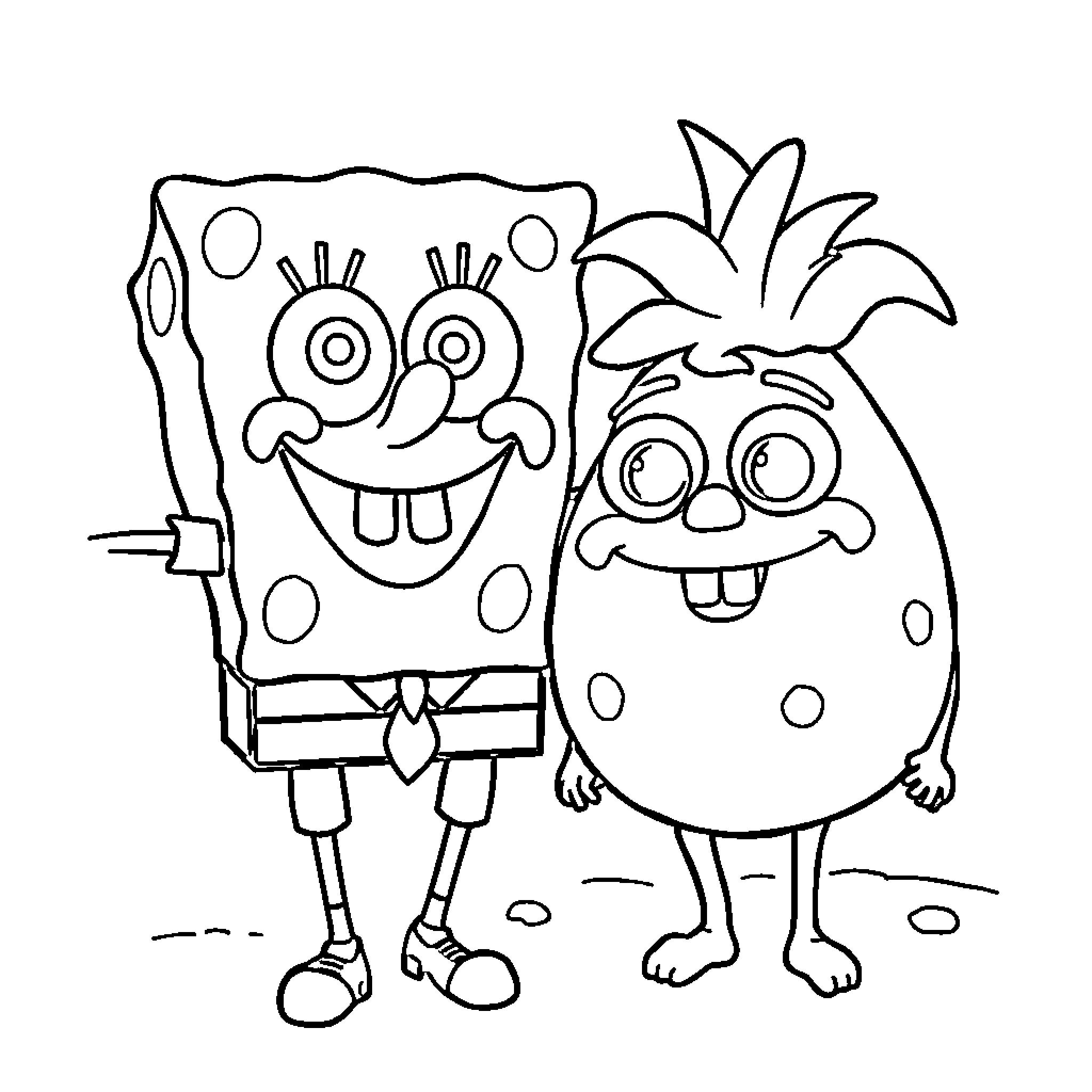 Spongebob and Pineapple-Headed Friend Posing Together Coloring Page (free black-and-white line drawing printable PDF for all, from beginners to advanced learners, including children, teens, adults, and seniors)