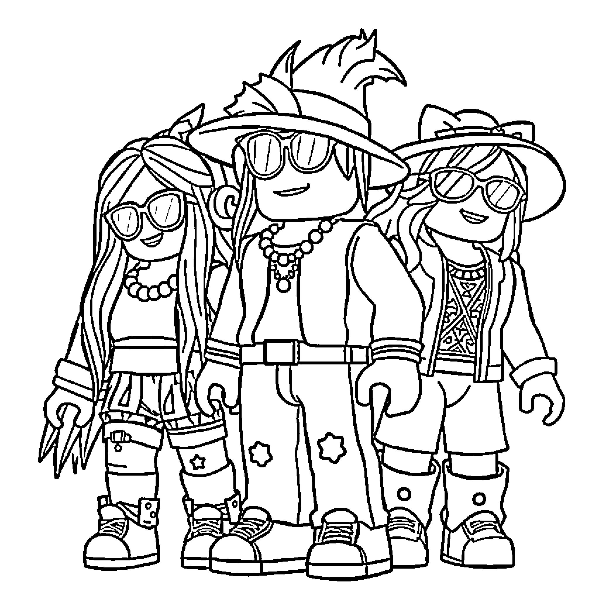 Roblox Character Friends in Wild West Attire Coloring Page (free black-and-white line drawing printable PDF for all, from beginners to advanced learners, including children, teens, adults, and seniors)