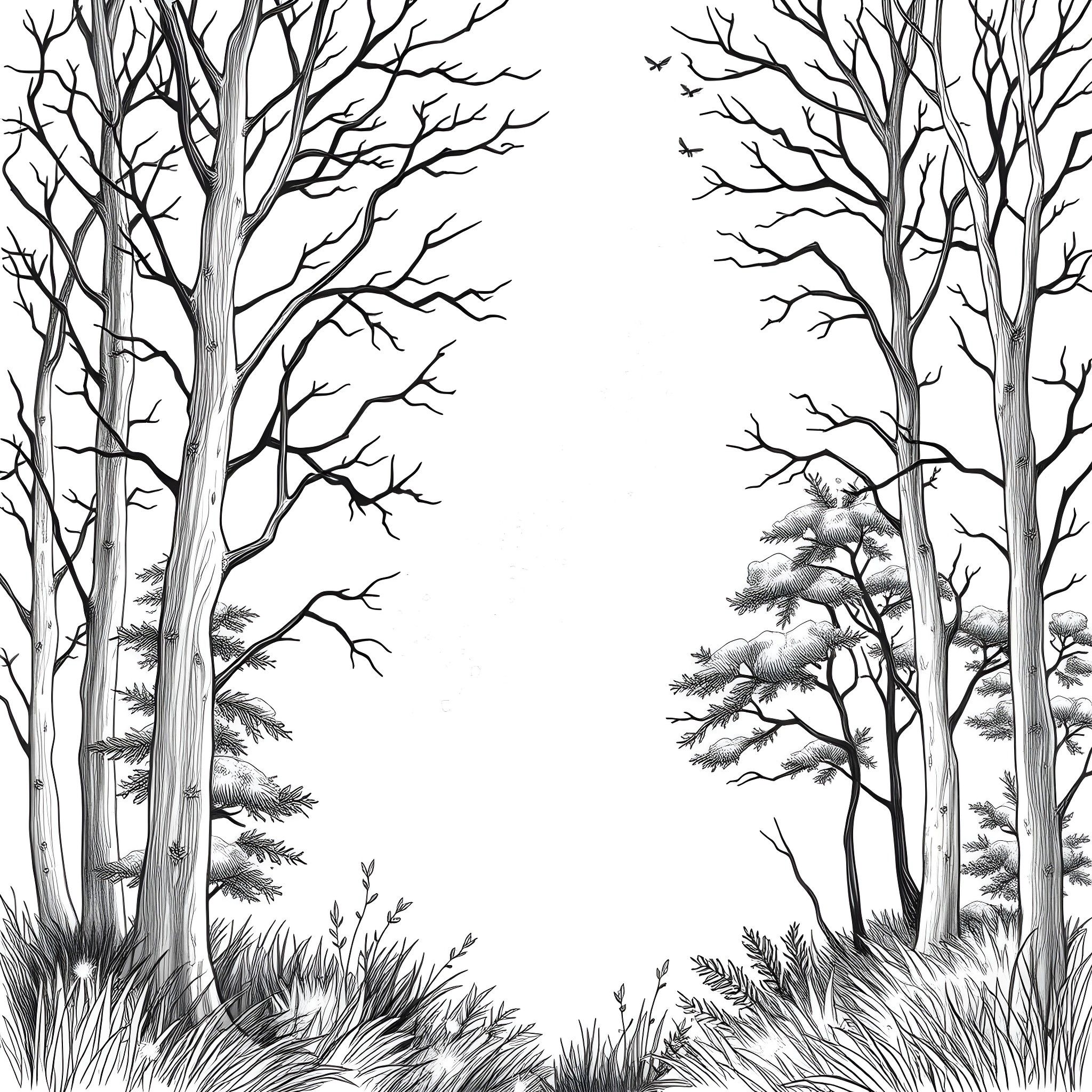 Spirit of Winter's Bare Branches Coloring Page (free black-and-white line drawing printable PDF for all, from beginners to advanced learners, including children, teens, adults, and seniors)