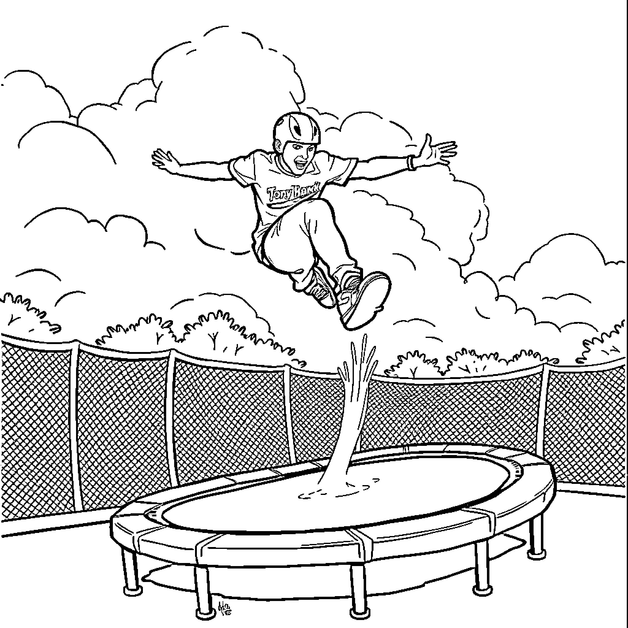 Tony Hawk Performing Aerial Tricks on Trampoline Coloring Page (free black-and-white line drawing printable PDF for all, from beginners to advanced learners, including children, teens, adults, and seniors)