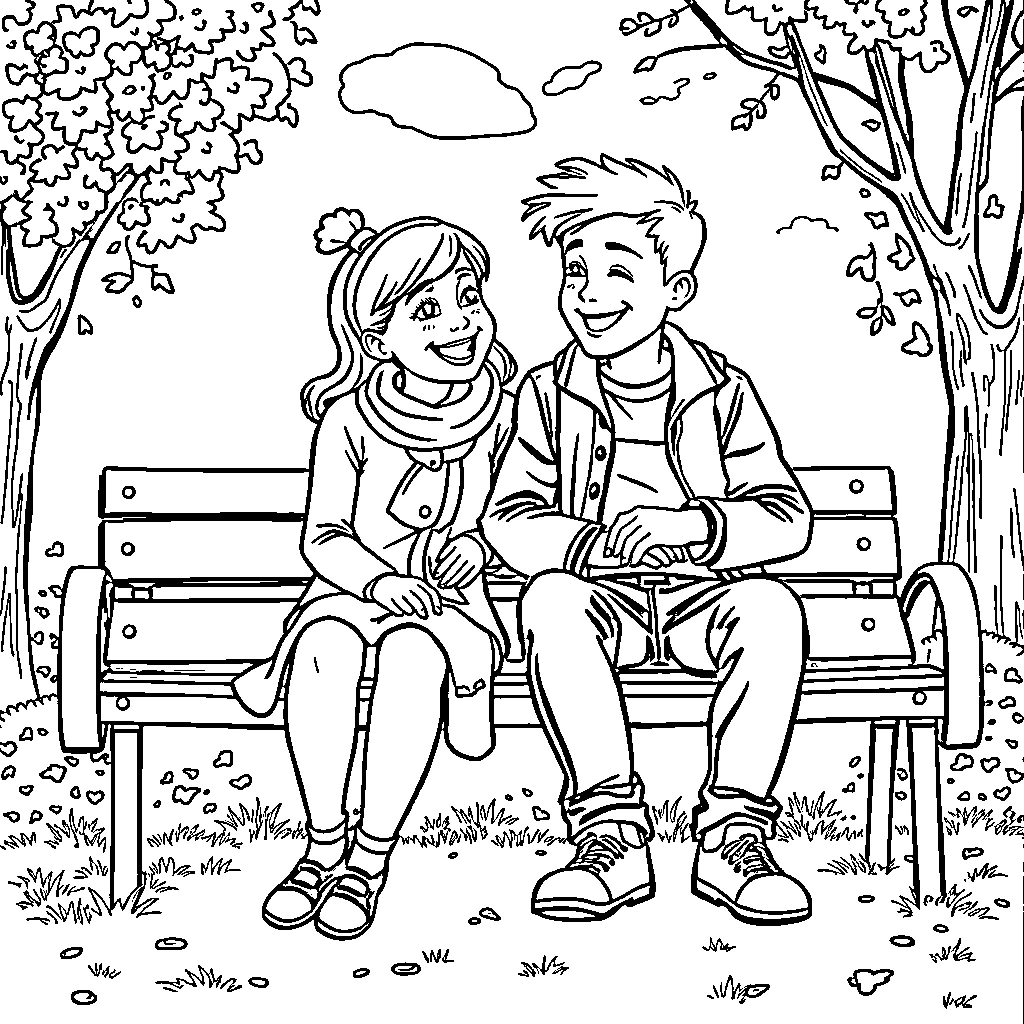 Sally and her friend chatting in the park Coloring Page (free black-and-white line drawing printable PDF for all, from beginners to advanced learners, including children, teens, adults, and seniors)