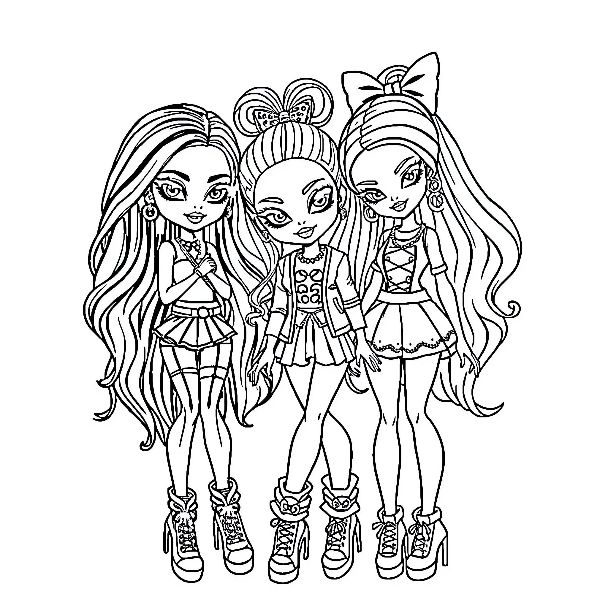 Bratz dolls striking playful poses with unique outfits Coloring Page (free black-and-white line drawing printable PDF for all, from beginners to advanced learners, including children, teens, adults, and seniors)