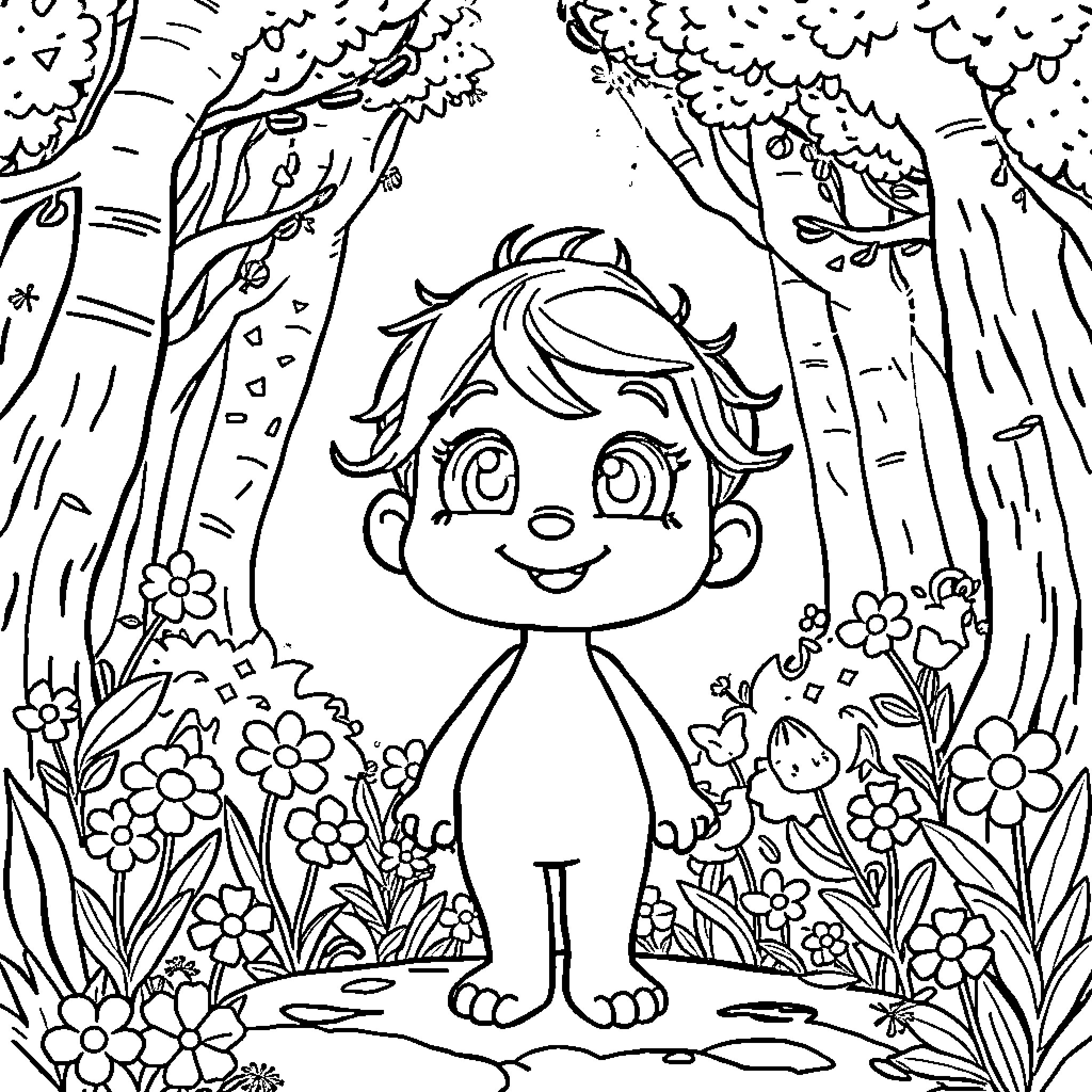 Character exploring a magical forest Coloring Page (free black-and-white line drawing printable PDF for all, from beginners to advanced learners, including children, teens, adults, and seniors)
