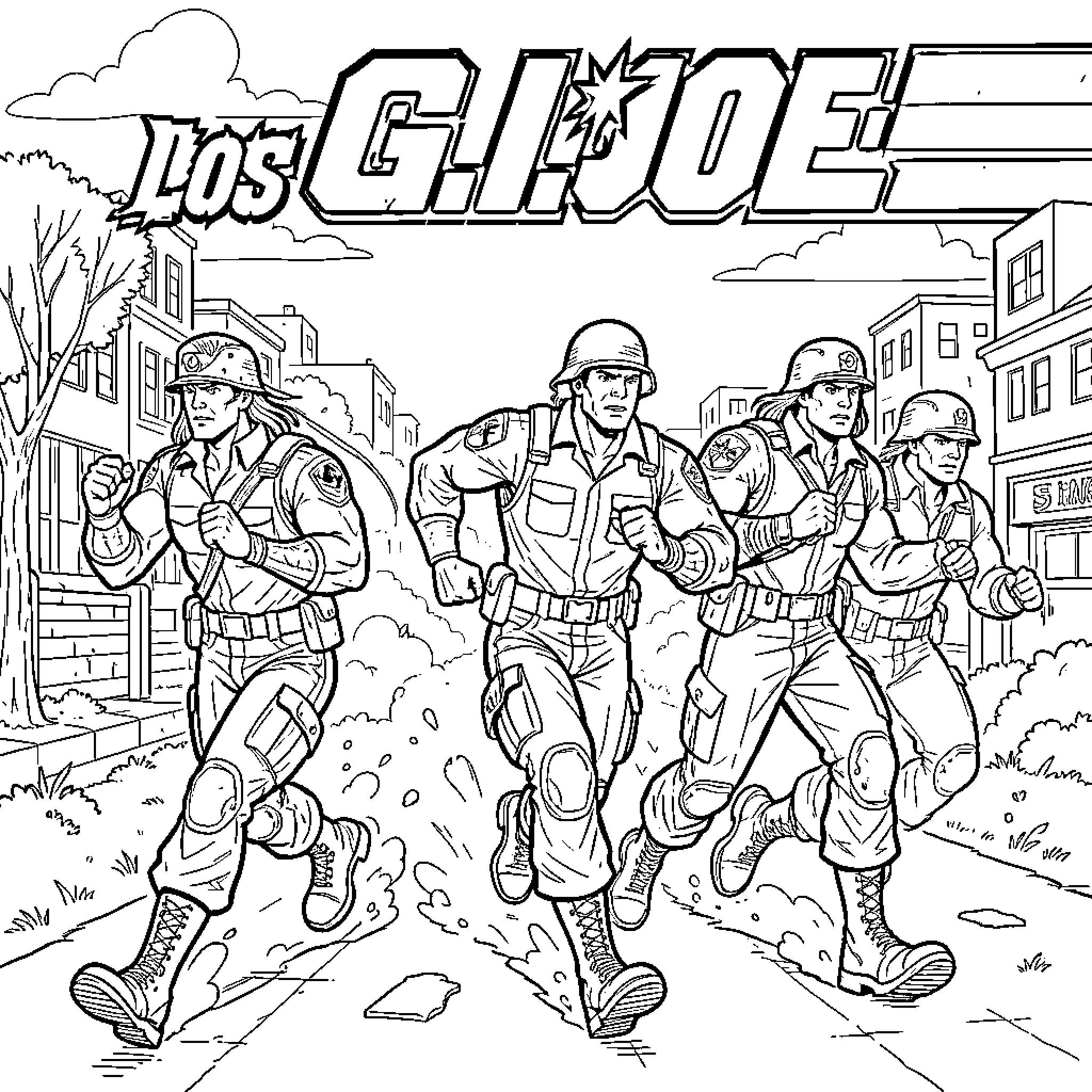 Gijoe soldiers running forward in military gear Coloring Page (free black-and-white line drawing printable PDF for all, from beginners to advanced learners, including children, teens, adults, and seniors)