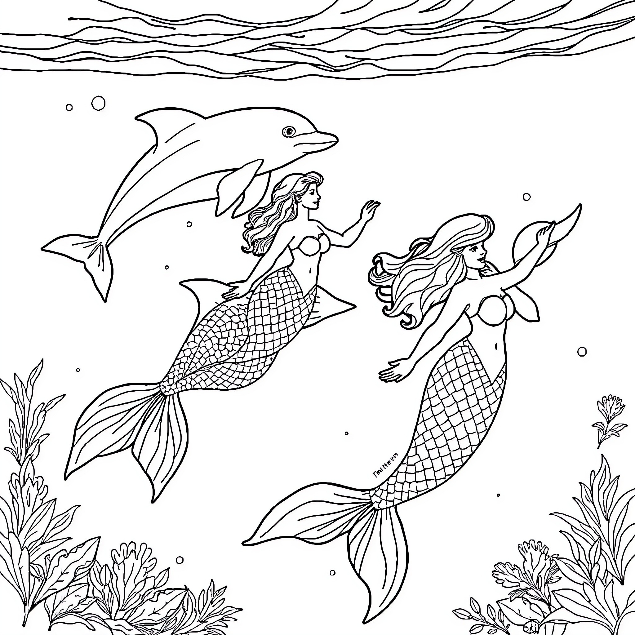 Mermaid playing with dolphins in the ocean Coloring Page (free black-and-white line drawing printable PDF for all, from beginners to advanced learners, including children, teens, adults, and seniors)