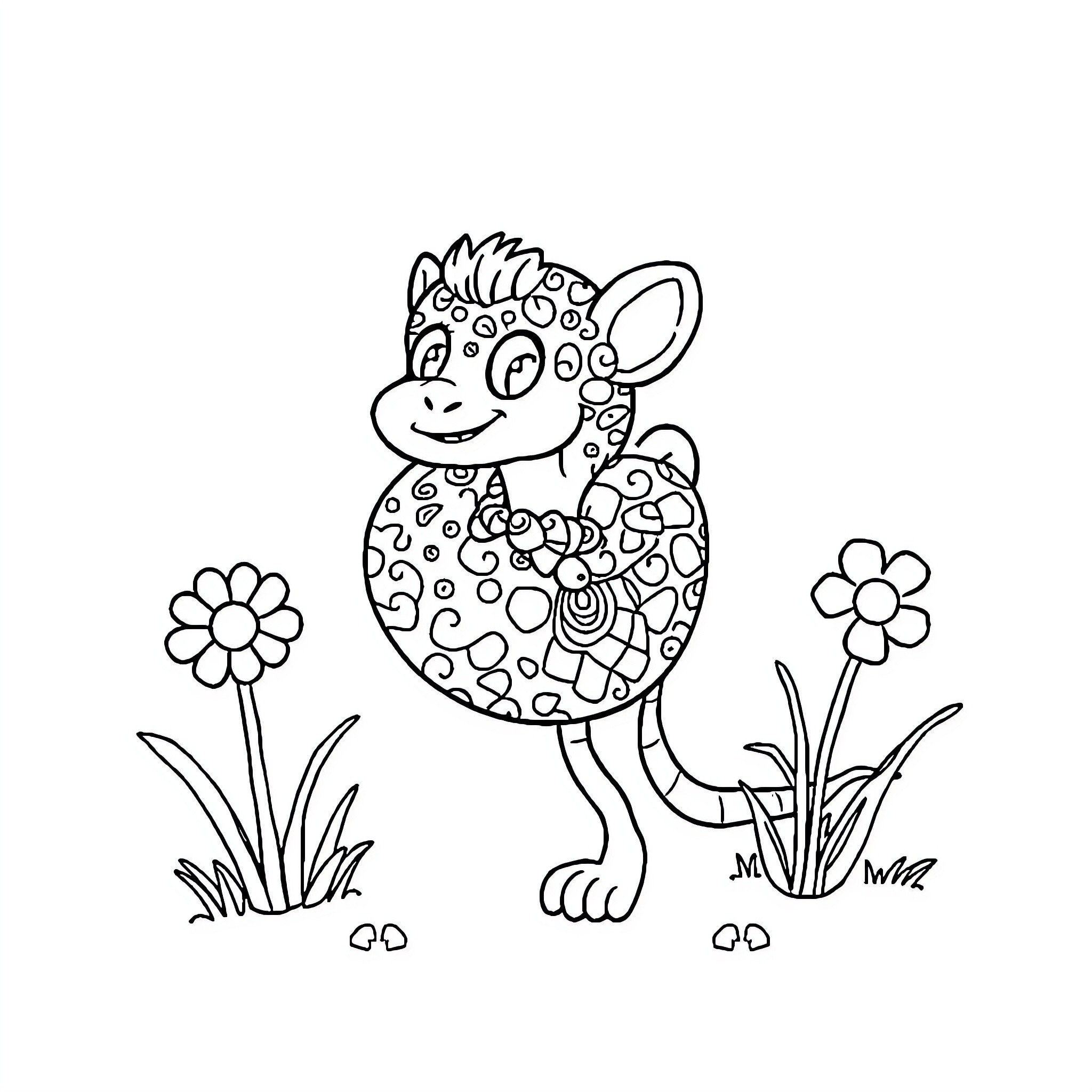 Children's Whimsical Creature in Floral Field Coloring Page (free black-and-white line drawing printable PDF for all, from beginners to advanced learners, including children, teens, adults, and seniors)