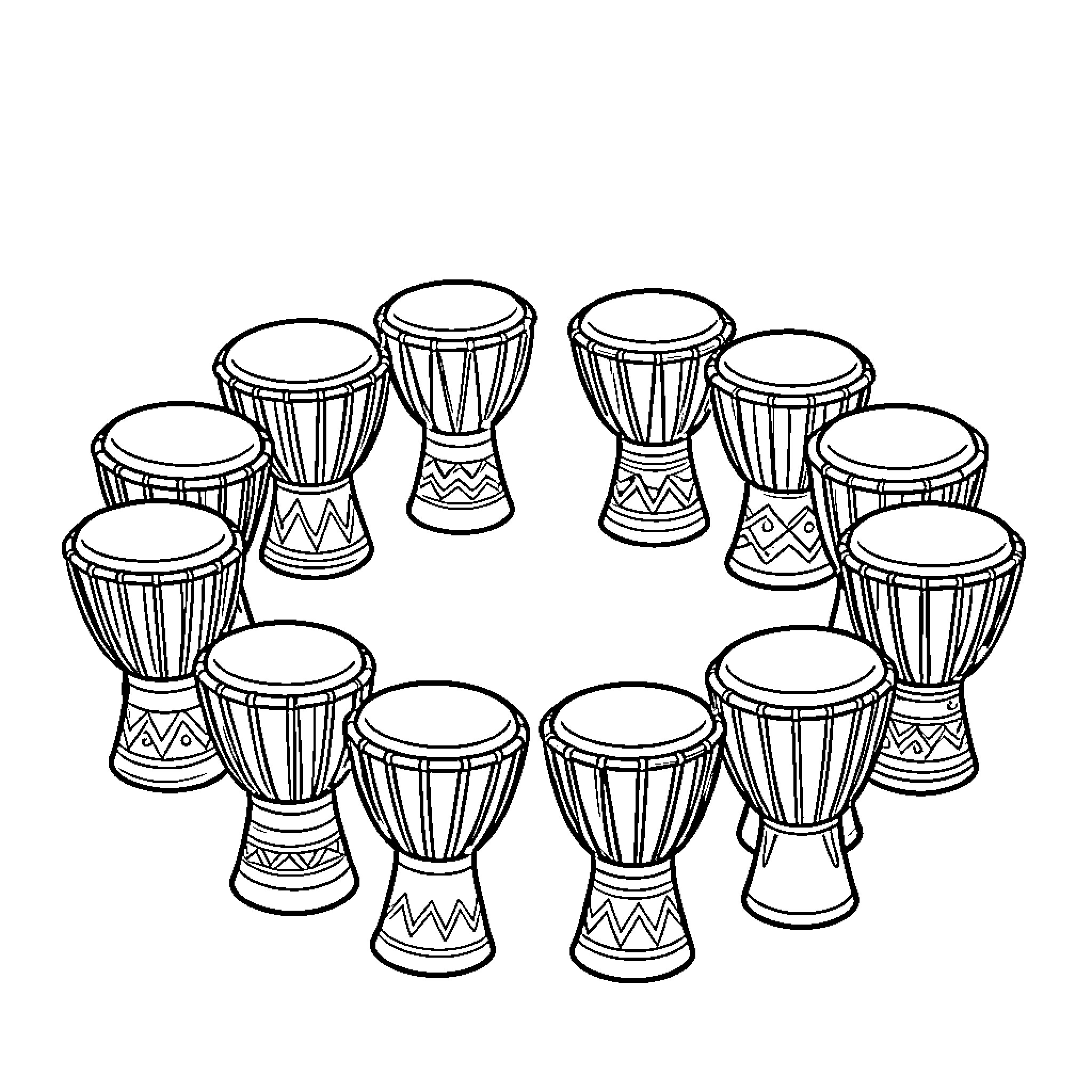 Drum circle of traditional African drums Coloring Page (free black-and-white line drawing printable PDF for all, from beginners to advanced learners, including children, teens, adults, and seniors)