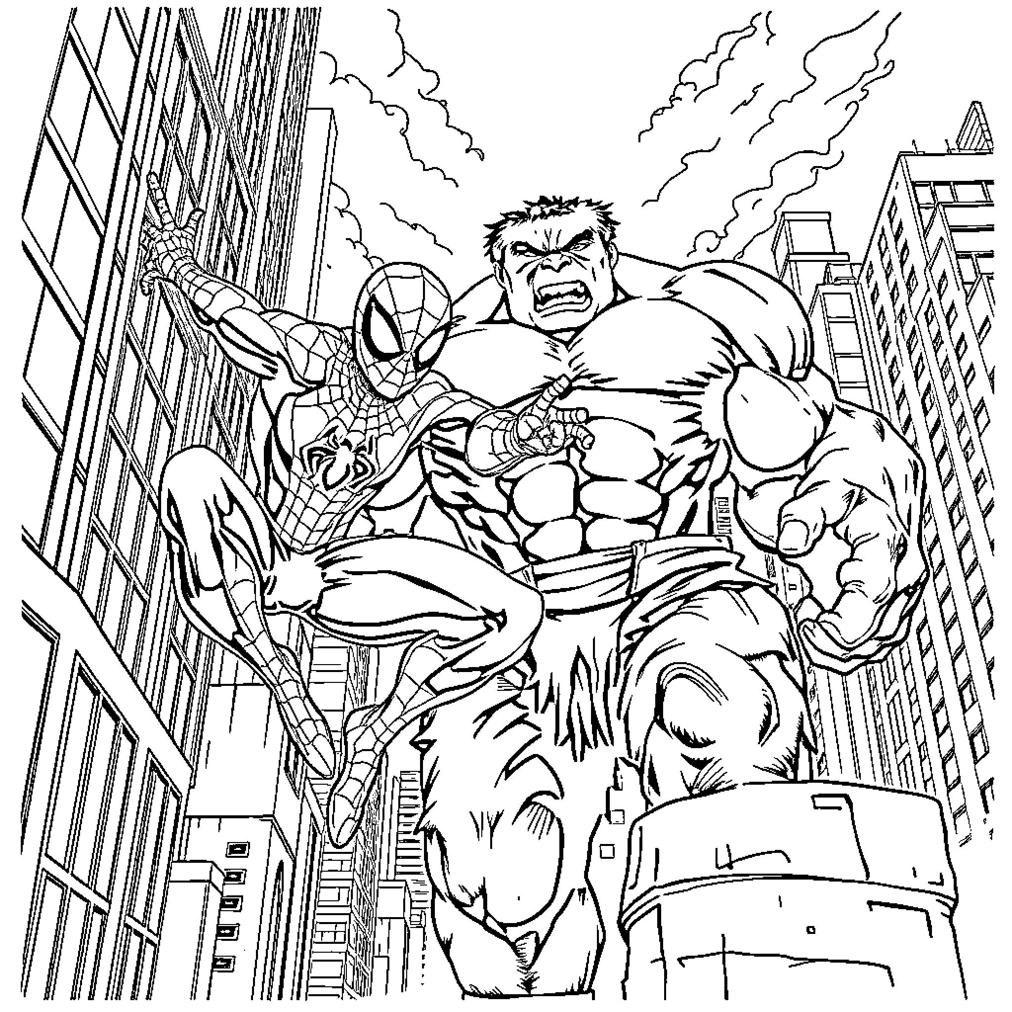 Spiderman Battles Hulk in Cityscape Showdown Coloring Page (free black-and-white line drawing printable PDF for all, from beginners to advanced learners, including children, teens, adults, and seniors)