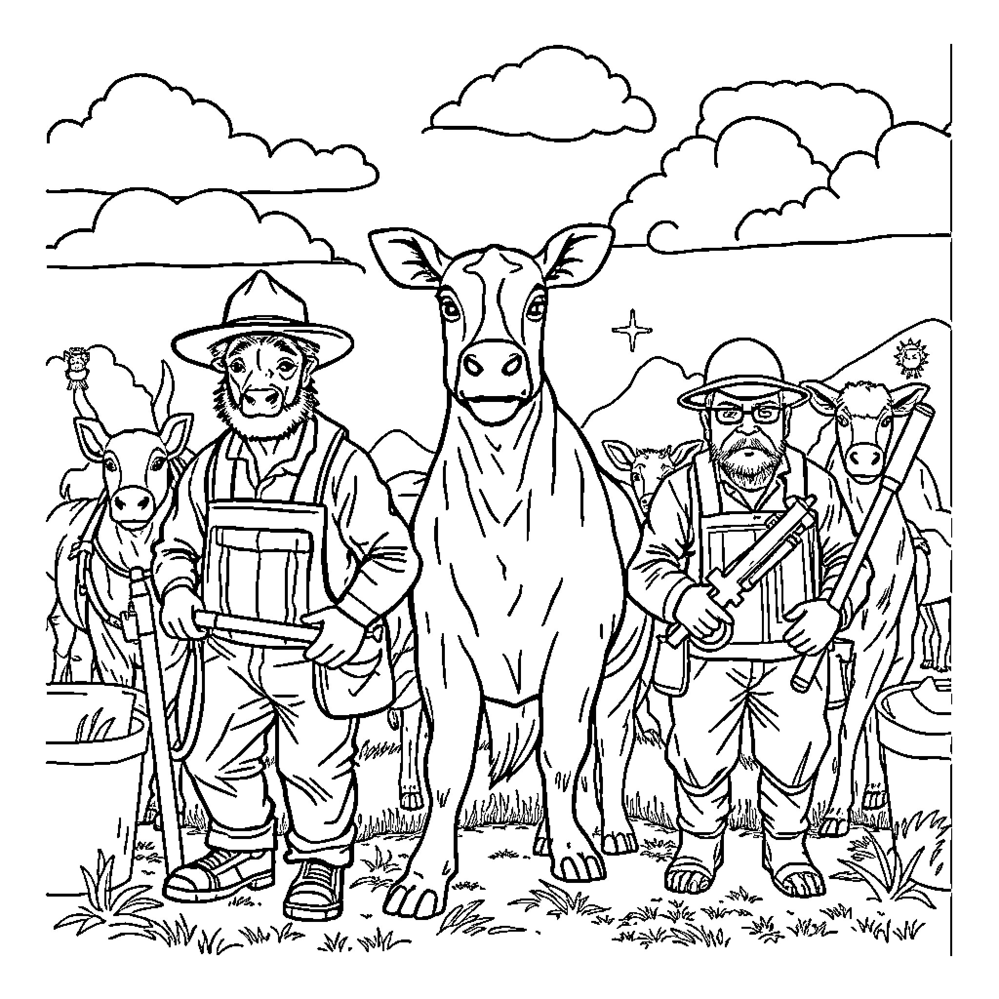 Animal Farm Workers in the Countryside Coloring Page (free black-and-white line drawing printable PDF for all, from beginners to advanced learners, including children, teens, adults, and seniors)