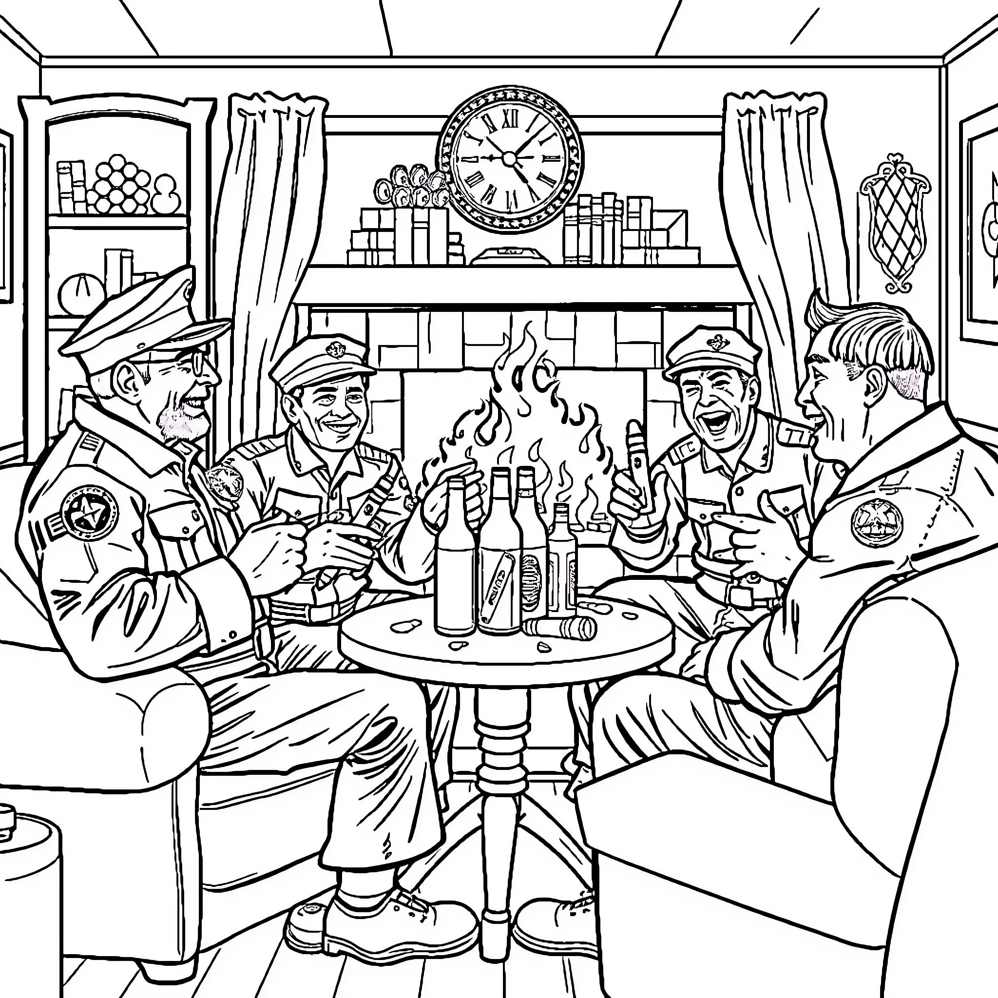 Marine Soldiers Gathered for Camaraderie and Refreshment Coloring Page (free black-and-white line drawing printable PDF for all, from beginners to advanced learners, including children, teens, adults, and seniors)