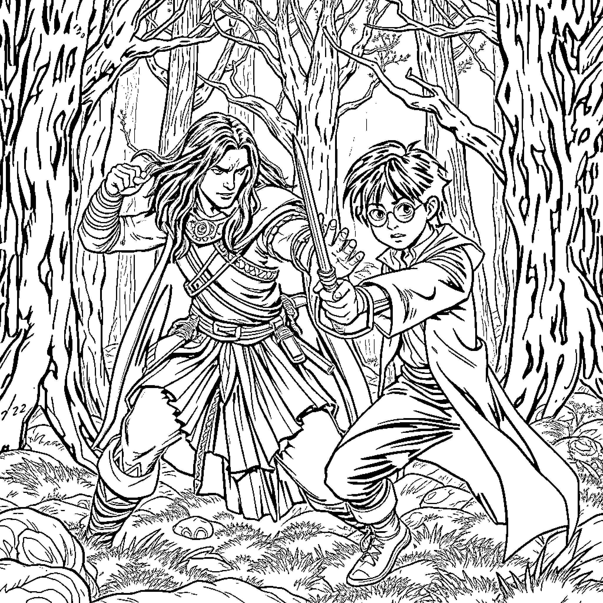 Aragorn and Harry Potter's Magical Forest Adventure Coloring Page (free black-and-white line drawing printable PDF for all, from beginners to advanced learners, including children, teens, adults, and seniors)
