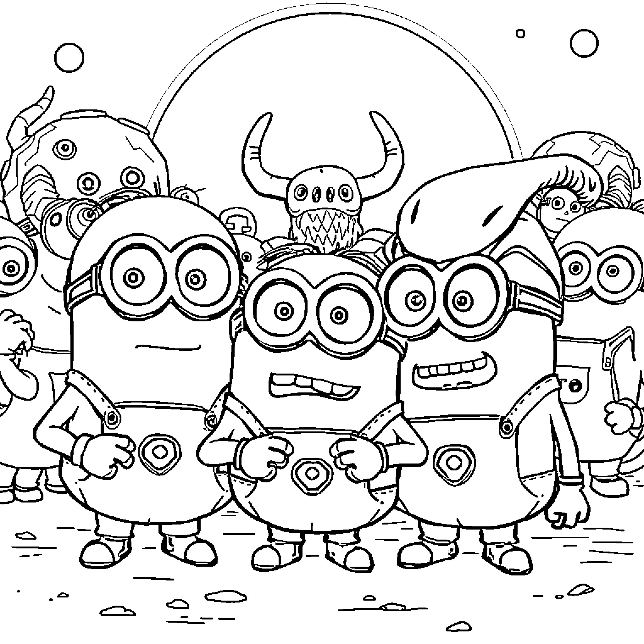 Minions in a Whimsical Gathering Coloring Page (free black-and-white line drawing printable PDF for all, from beginners to advanced learners, including children, teens, adults, and seniors)
