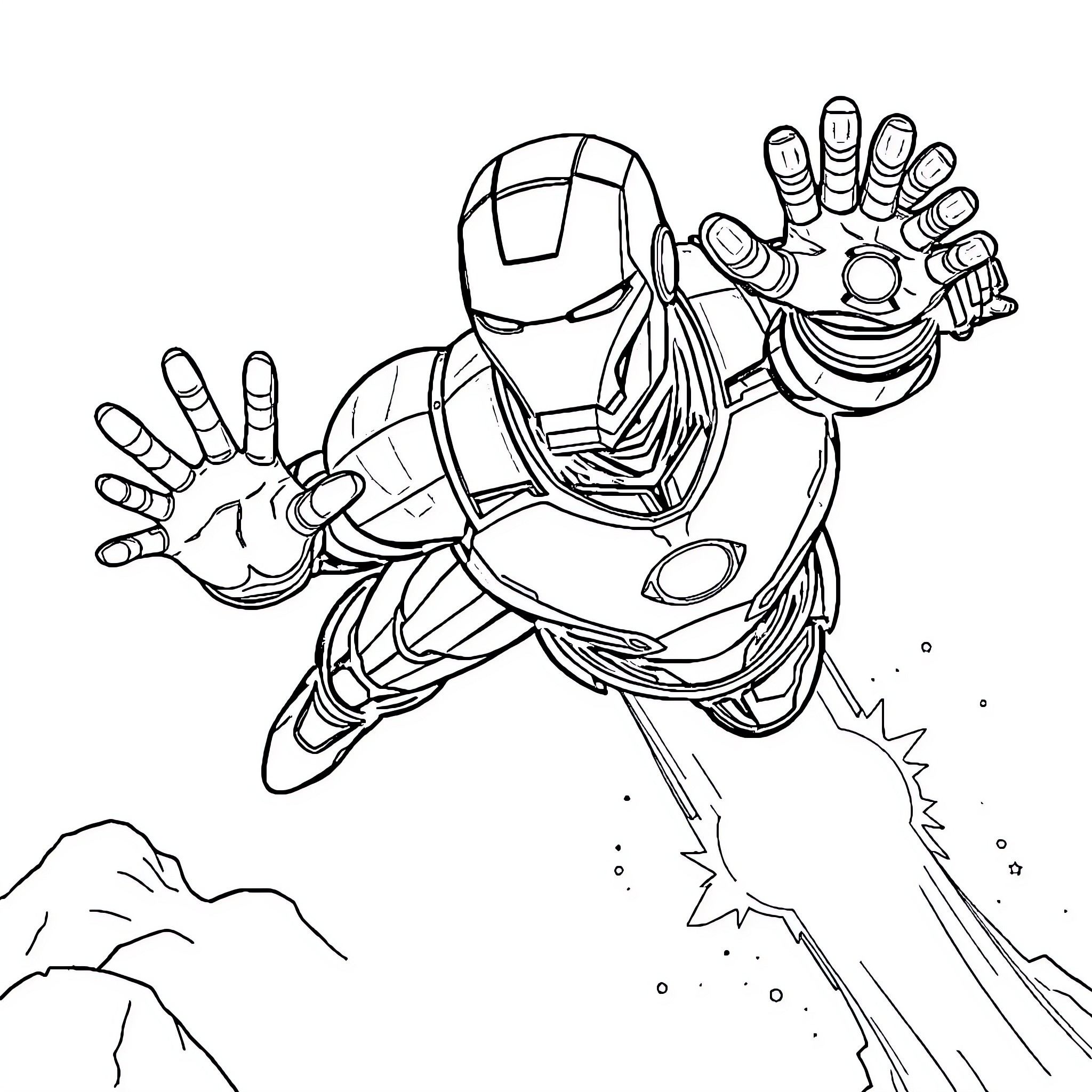 Iron Man Soaring into Action Coloring Page (free black-and-white line drawing printable PDF for all, from beginners to advanced learners, including children, teens, adults, and seniors)