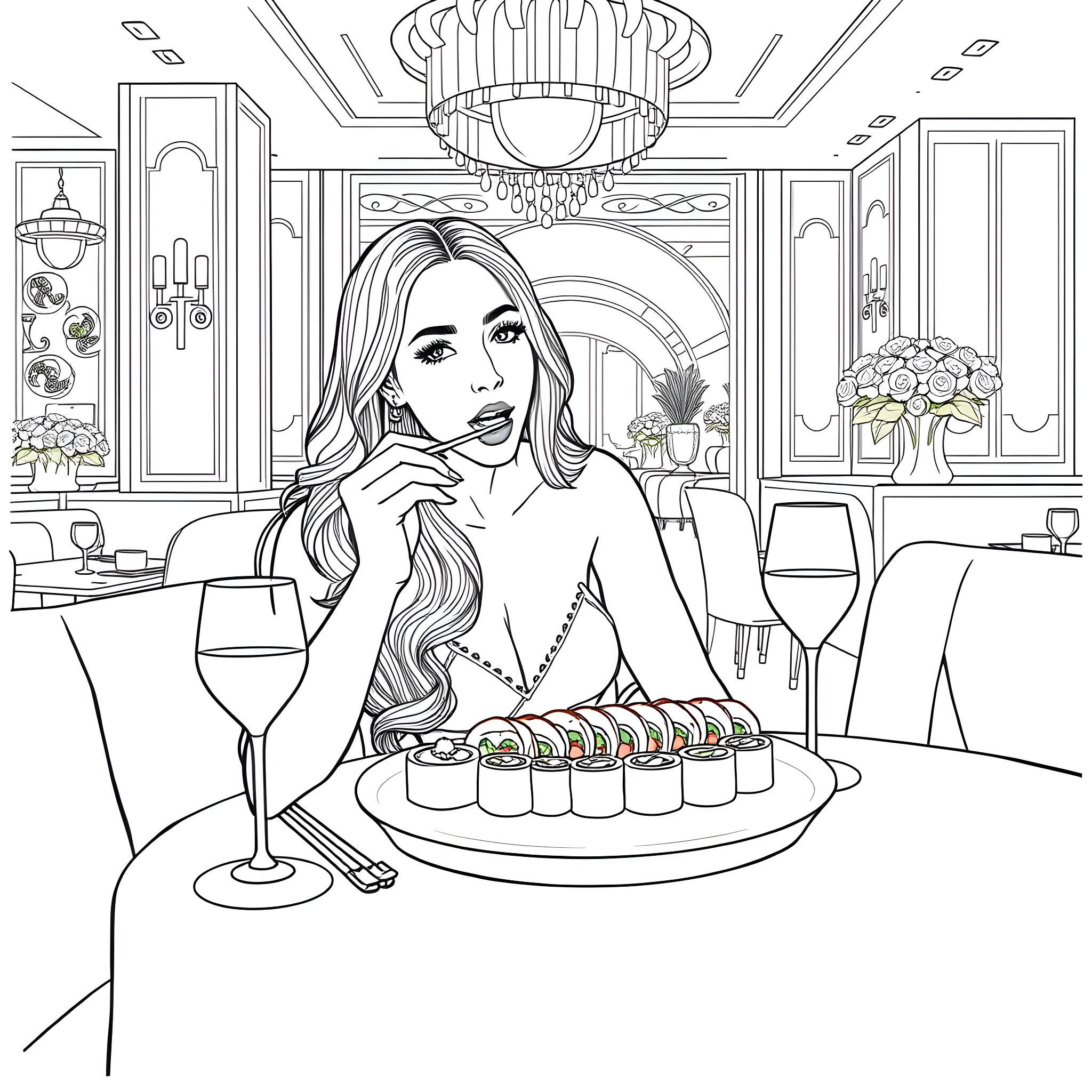 Gianna Michaels enjoying a fine dining experience Coloring Page (free black-and-white line drawing printable PDF for all, from beginners to advanced learners, including children, teens, adults, and seniors)