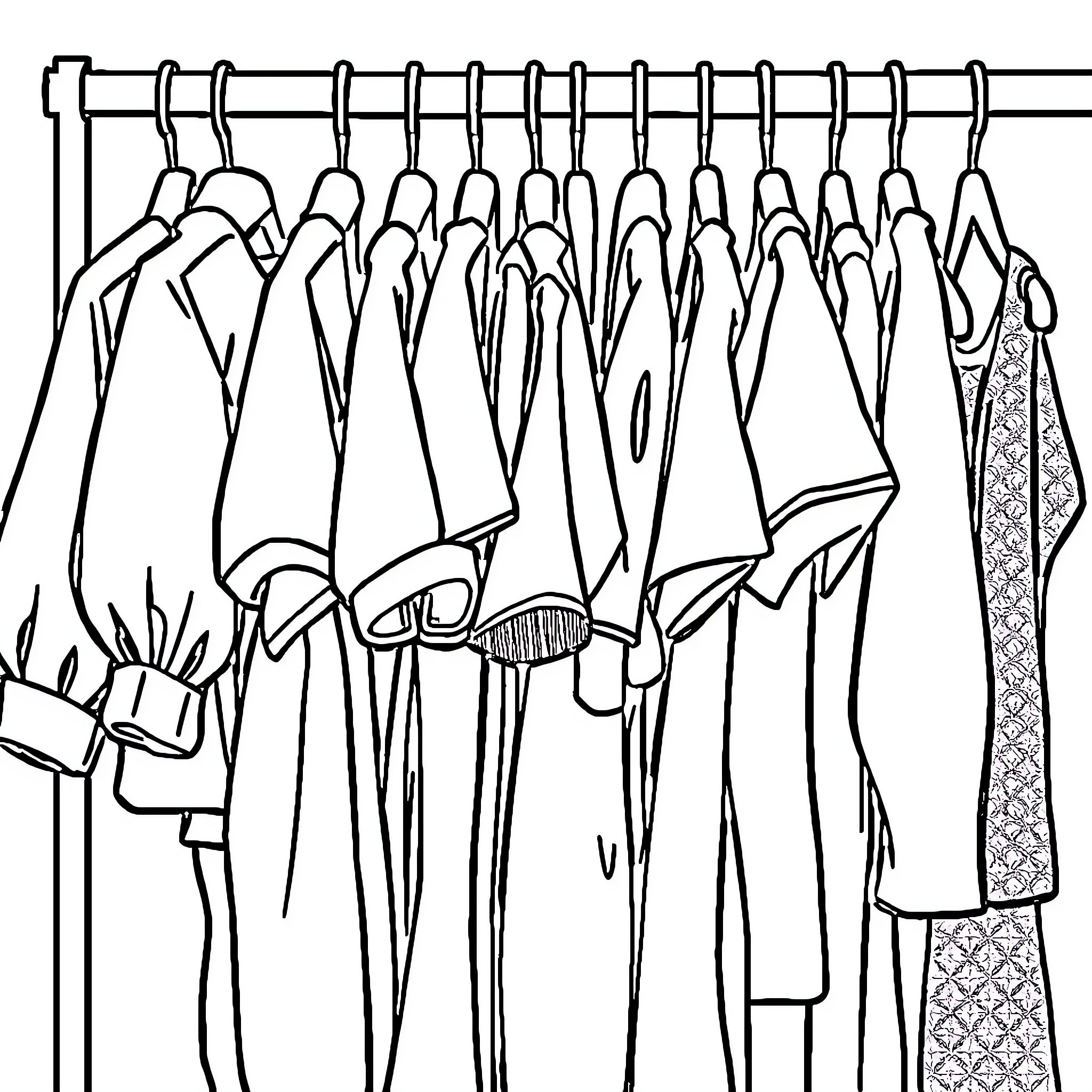Clothing Rack with Assorted Outfits Coloring Page (free black-and-white line drawing printable PDF for all, from beginners to advanced learners, including children, teens, adults, and seniors)