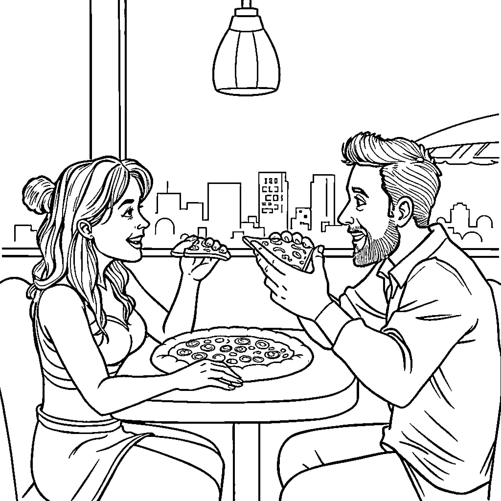 Pizza Date Night in the City Coloring Page (free black-and-white line drawing printable PDF for all, from beginners to advanced learners, including children, teens, adults, and seniors)