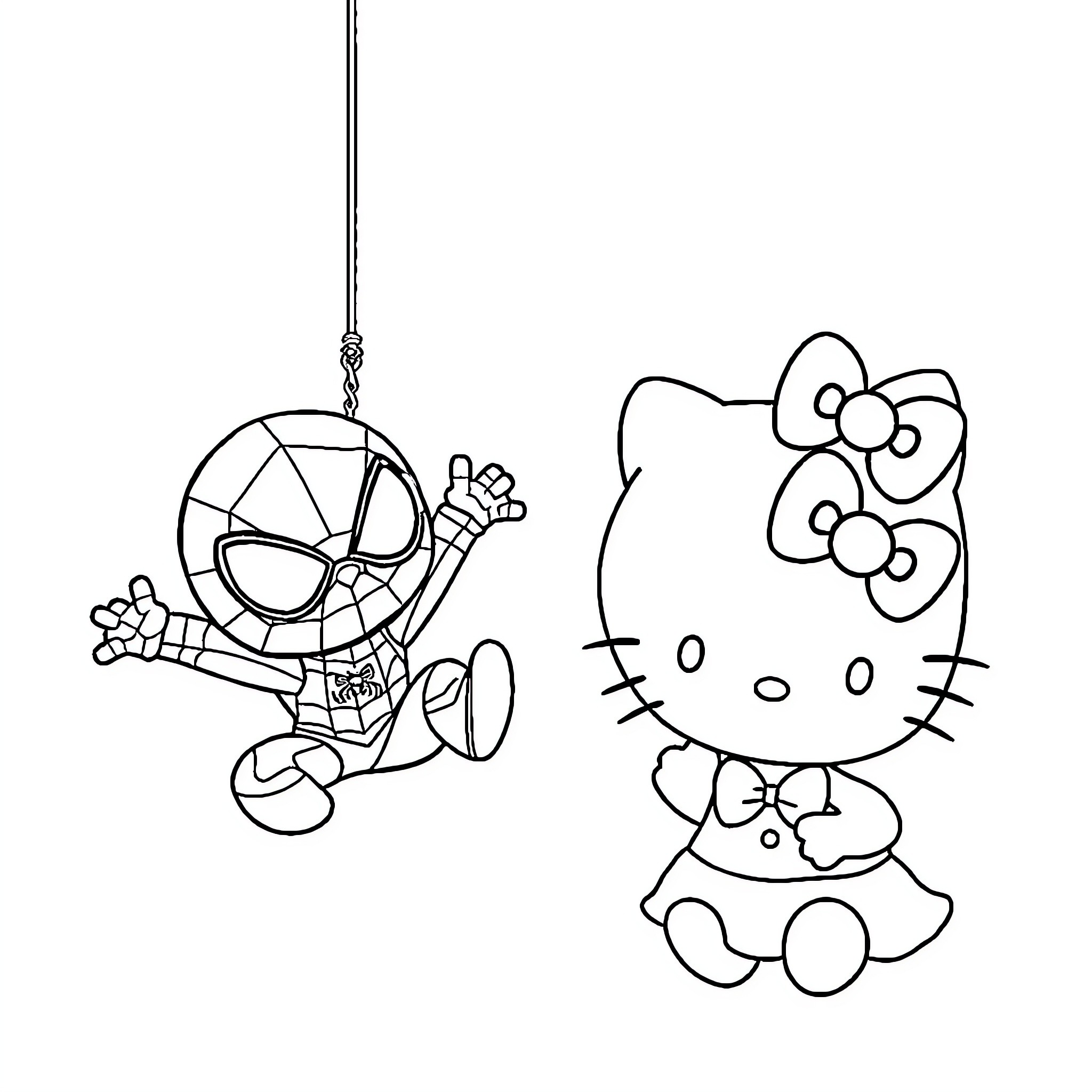 Spider-Man and Hello Kitty in a playful scene Coloring Page (free black-and-white line drawing printable PDF for all, from beginners to advanced learners, including children, teens, adults, and seniors)