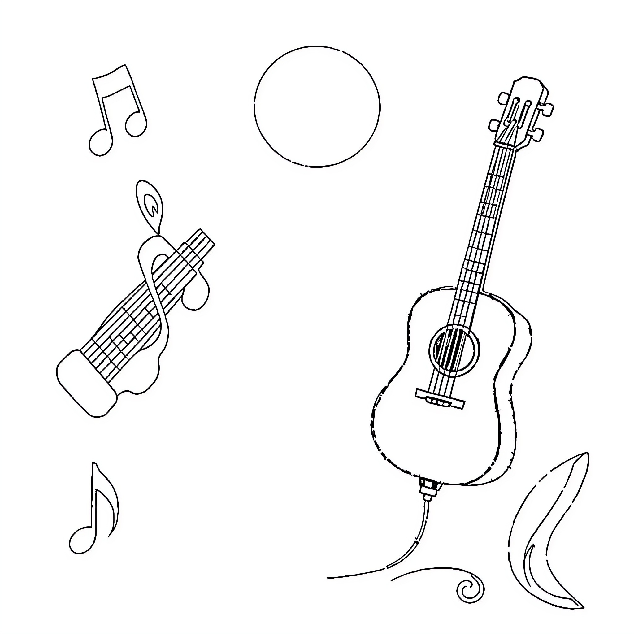 Music-themed Illustration with Instruments and Symbols Coloring Page (free black-and-white line drawing printable PDF for all, from beginners to advanced learners, including children, teens, adults, and seniors)
