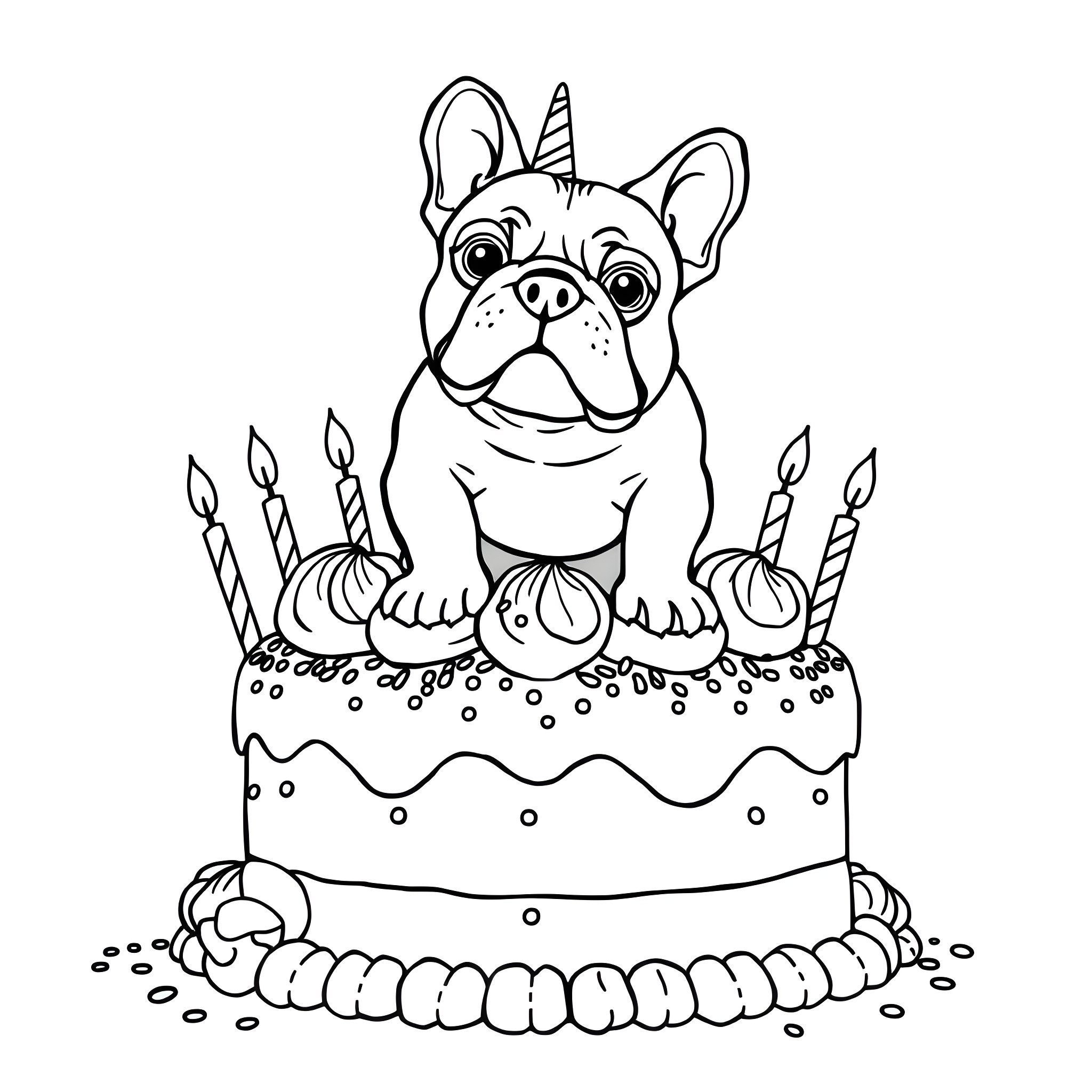 Bulldog sitting on a birthday cake Coloring Page (free black-and-white line drawing printable PDF for all, from beginners to advanced learners, including children, teens, adults, and seniors)