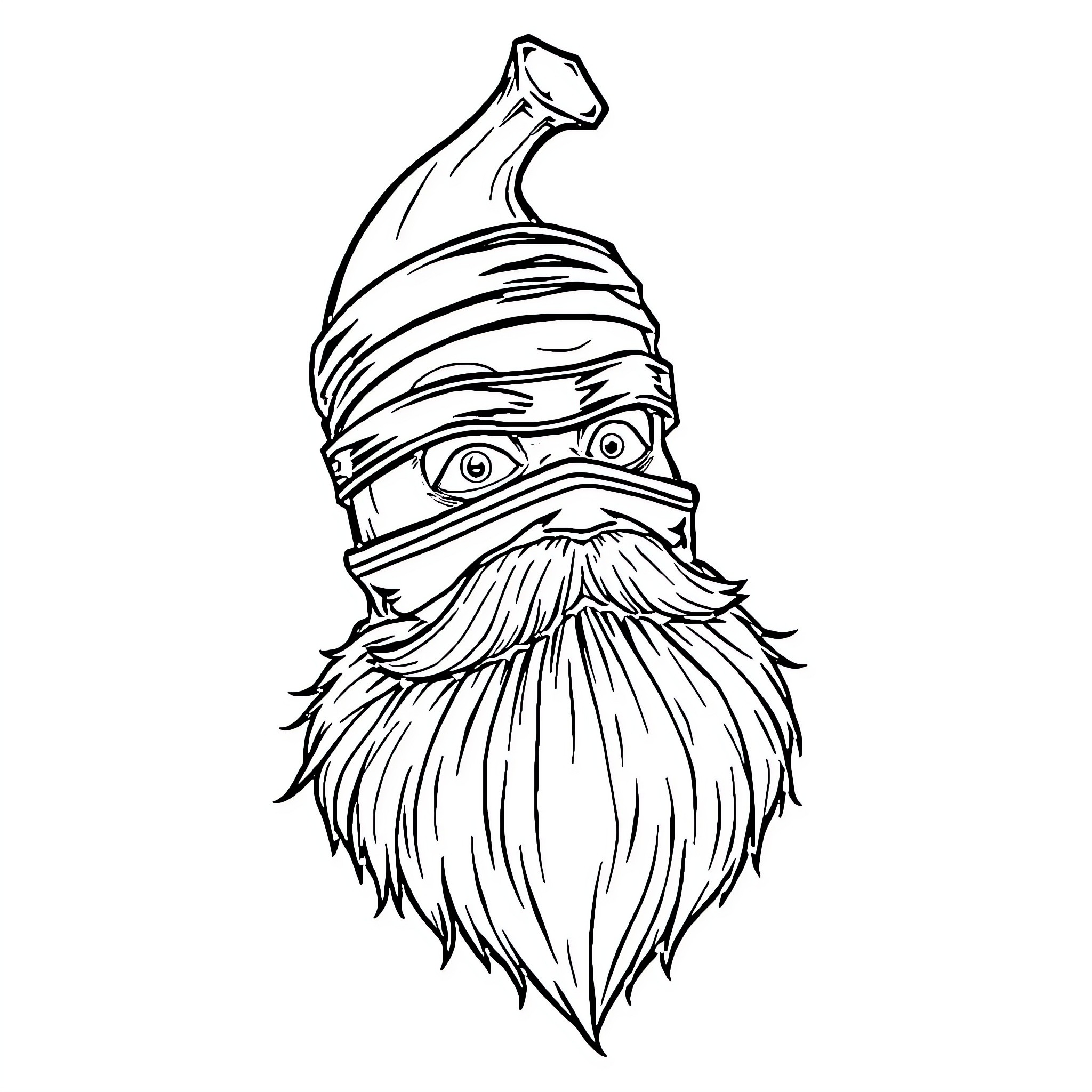 Banana-shaped gnome with a long beard Coloring Page (free black-and-white line drawing printable PDF for all, from beginners to advanced learners, including children, teens, adults, and seniors)