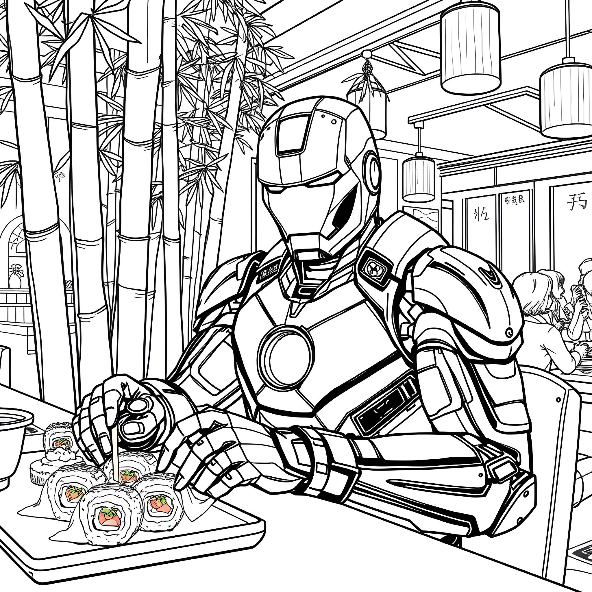 Iron Man Enjoying Sushi in a Japanese Setting Coloring Page (free black-and-white line drawing printable PDF for all, from beginners to advanced learners, including children, teens, adults, and seniors)