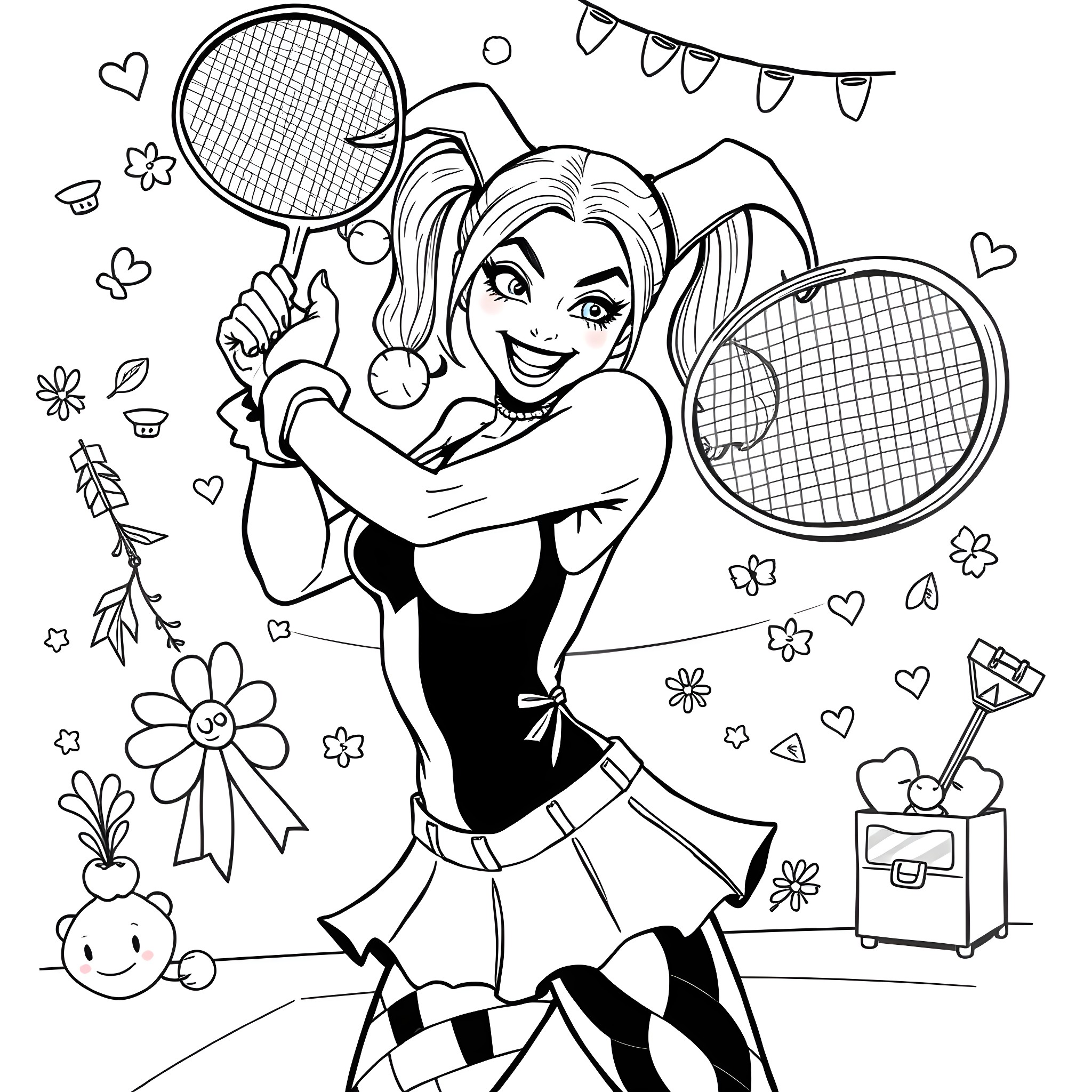 Harley Quinn's Playful Tennis Match Coloring Page (free black-and-white line drawing printable PDF for all, from beginners to advanced learners, including children, teens, adults, and seniors)