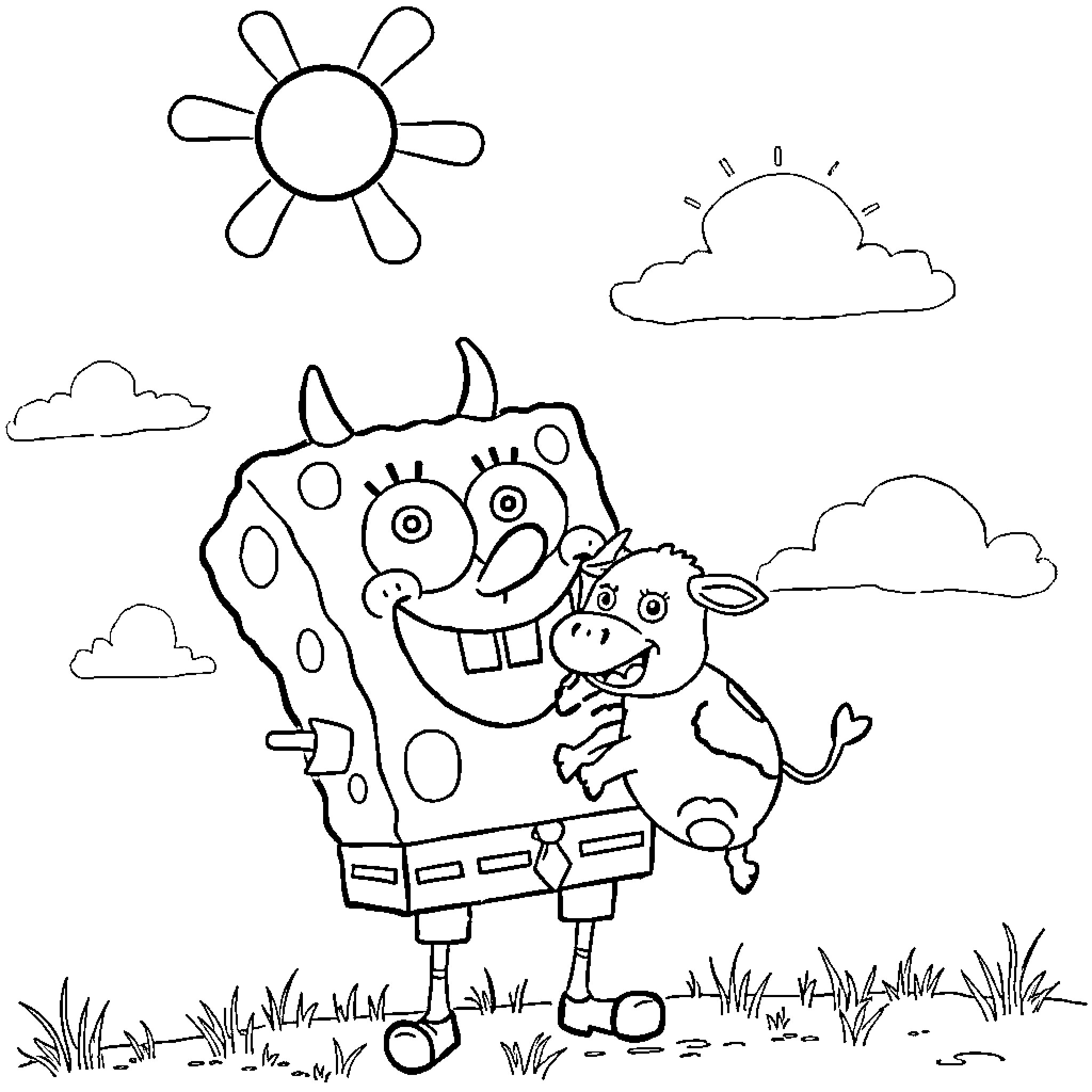 Spongebob and his pet in a sunny outdoor scene Coloring Page (free black-and-white line drawing printable PDF for all, from beginners to advanced learners, including children, teens, adults, and seniors)