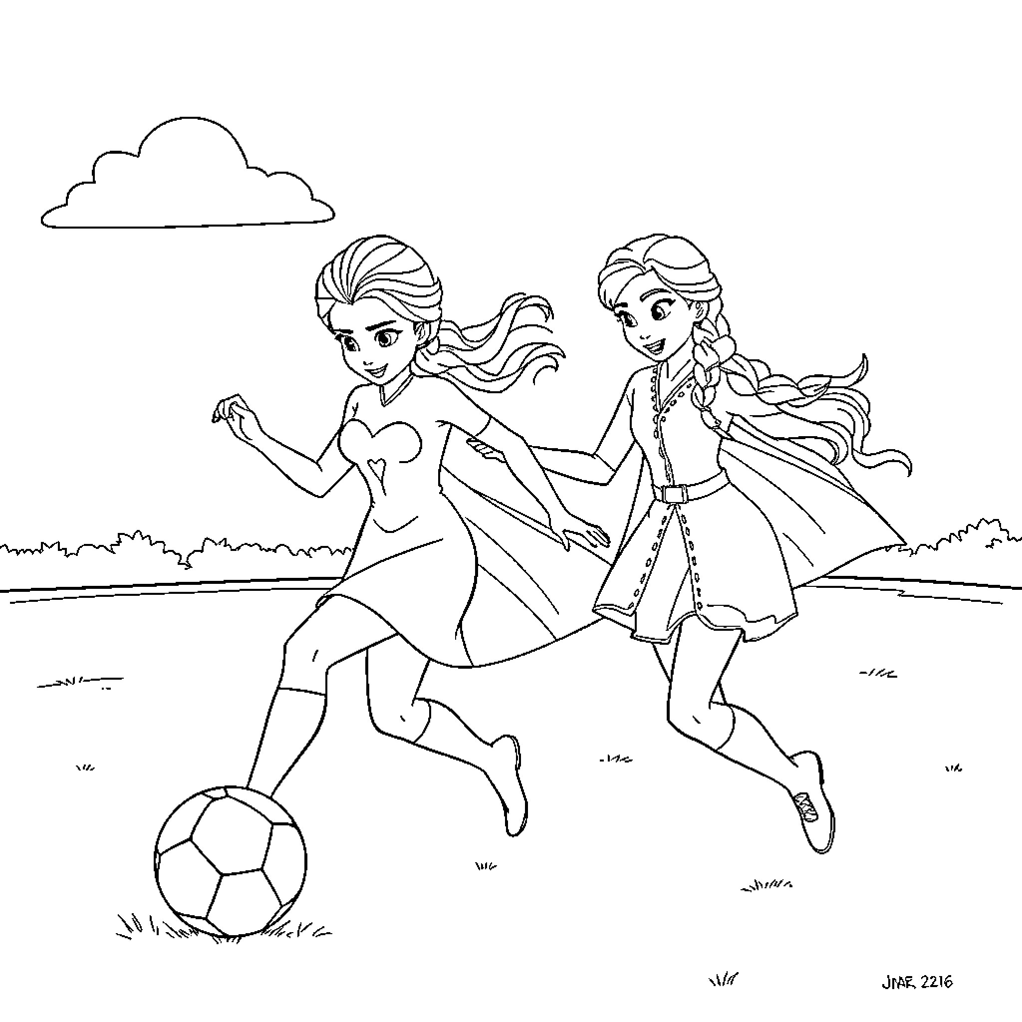 Elsa and Anna playing soccer in the park Coloring Page (free black-and-white line drawing printable PDF for all, from beginners to advanced learners, including children, teens, adults, and seniors)