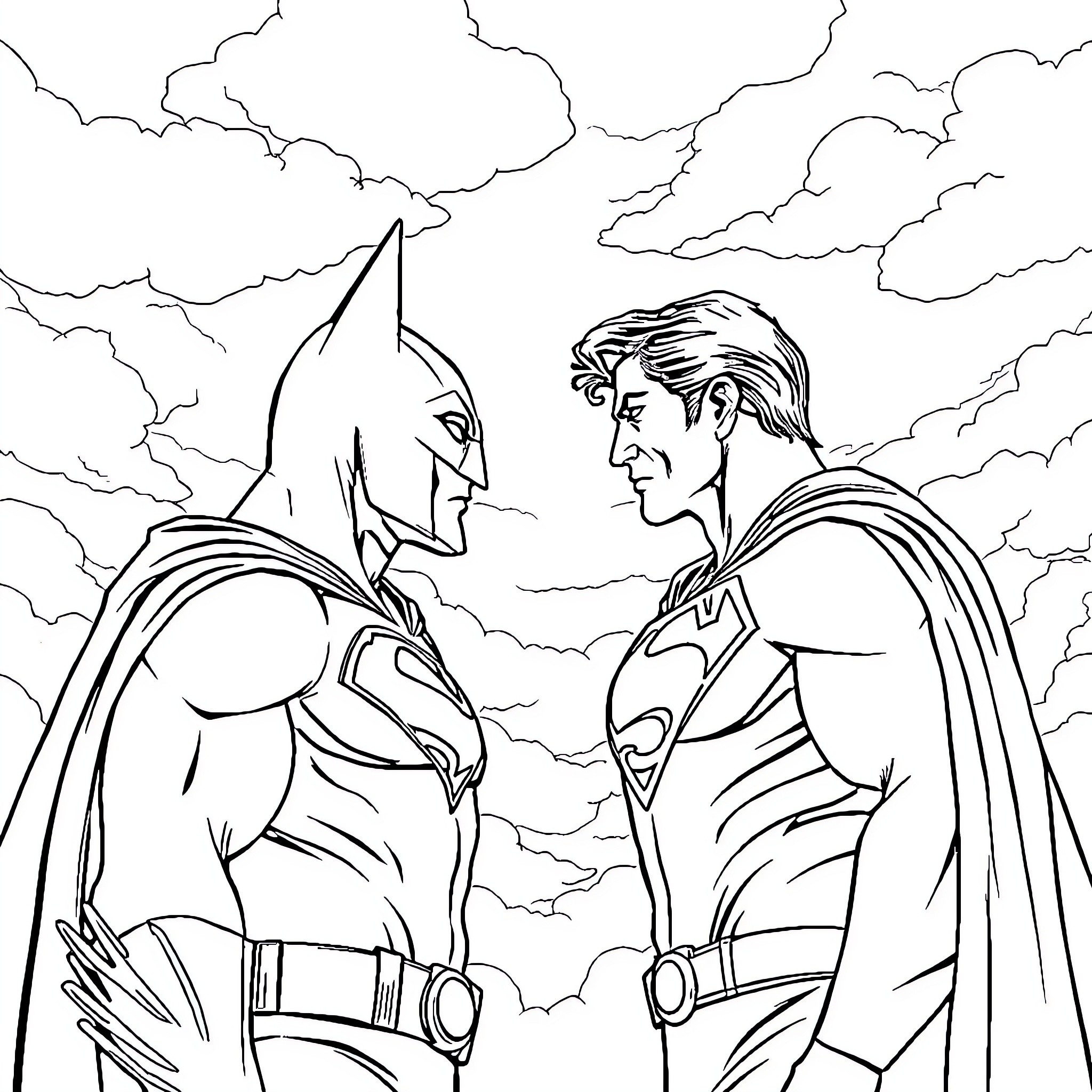 Batman and Superman in Heroic Confrontation Coloring Page (free black-and-white line drawing printable PDF for all, from beginners to advanced learners, including children, teens, adults, and seniors)