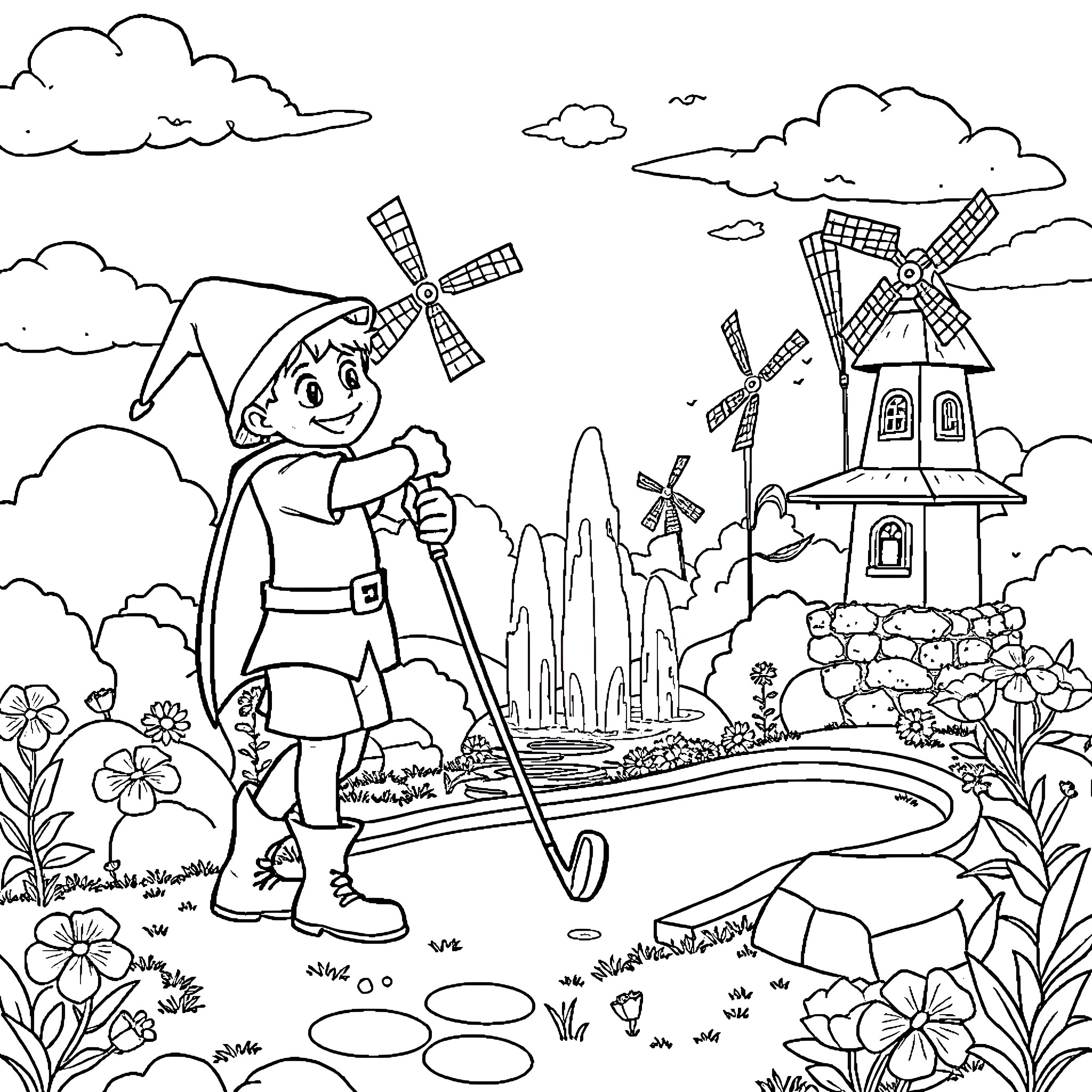 Robinhood exploring the whimsical countryside Coloring Page (free black-and-white line drawing printable PDF for all, from beginners to advanced learners, including children, teens, adults, and seniors)