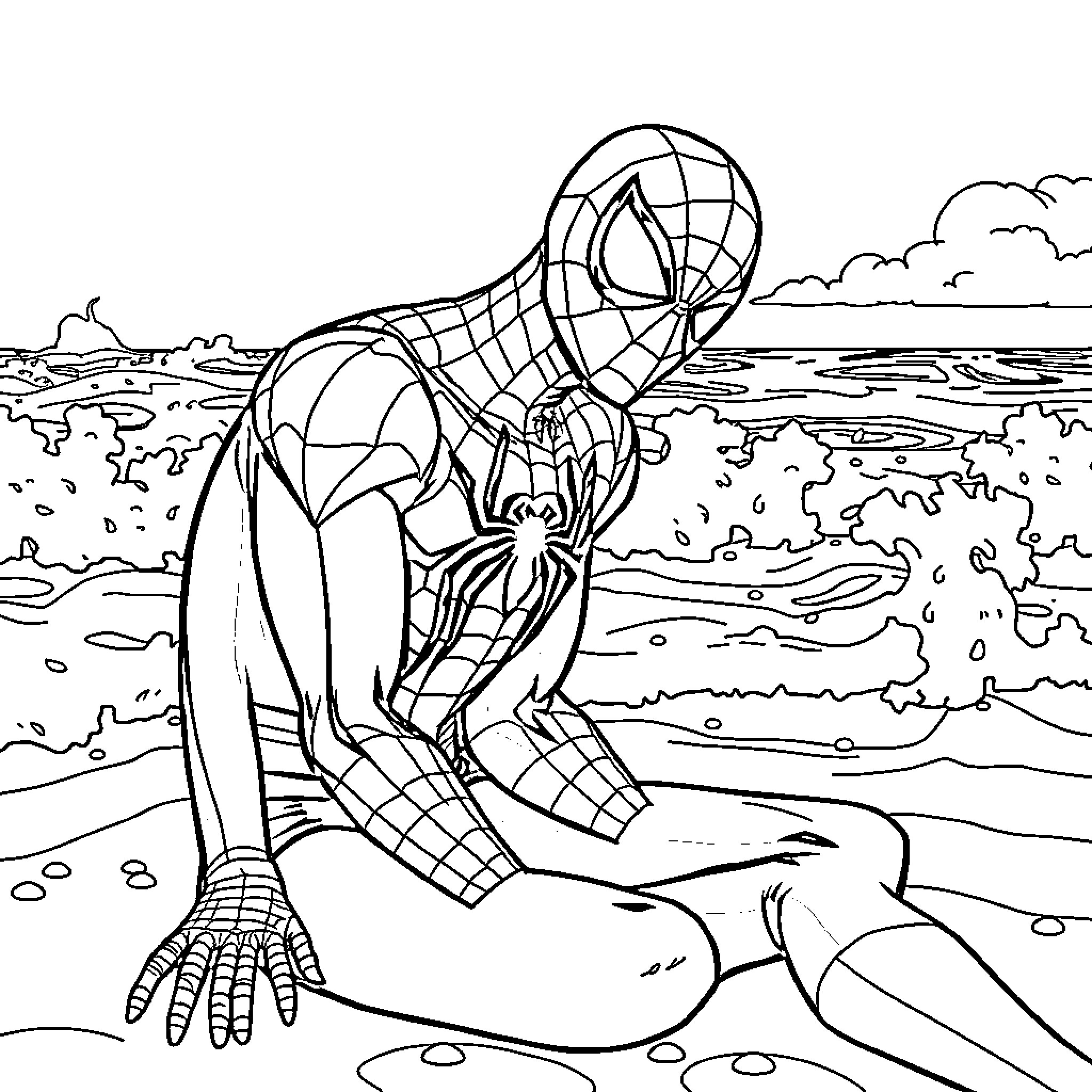 Spiderman crouching on the beach Coloring Page (free black-and-white line drawing printable PDF for all, from beginners to advanced learners, including children, teens, adults, and seniors)