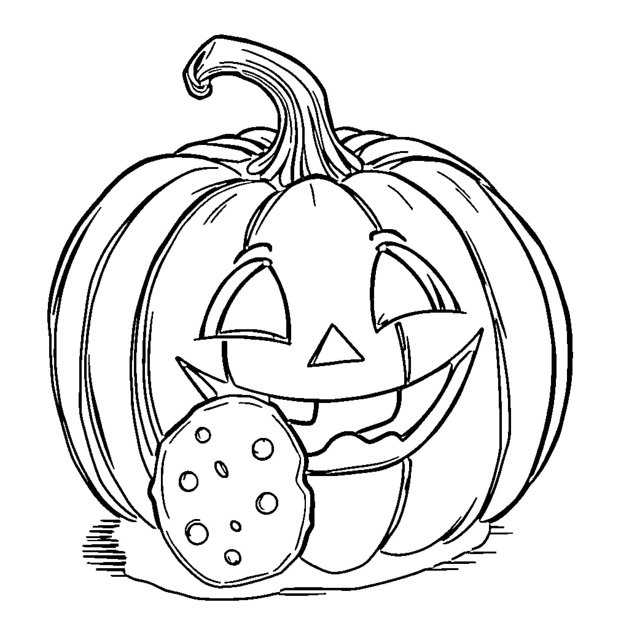 Pumpkin with carved face and spotted cookie Coloring Page (free black-and-white line drawing printable PDF for all, from beginners to advanced learners, including children, teens, adults, and seniors)